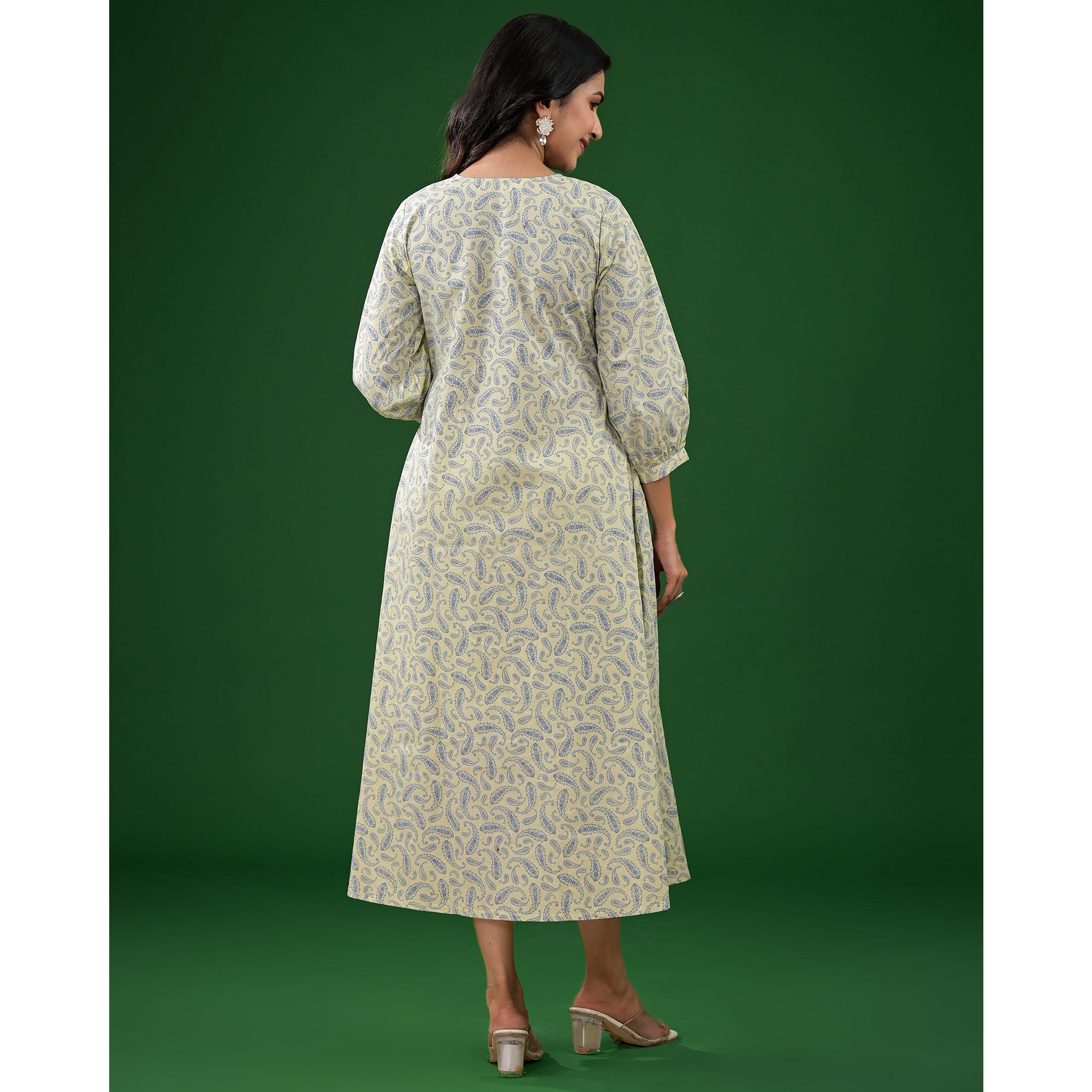 Light Lime Green Paisley Printed Pure Cotton A-Line Dress