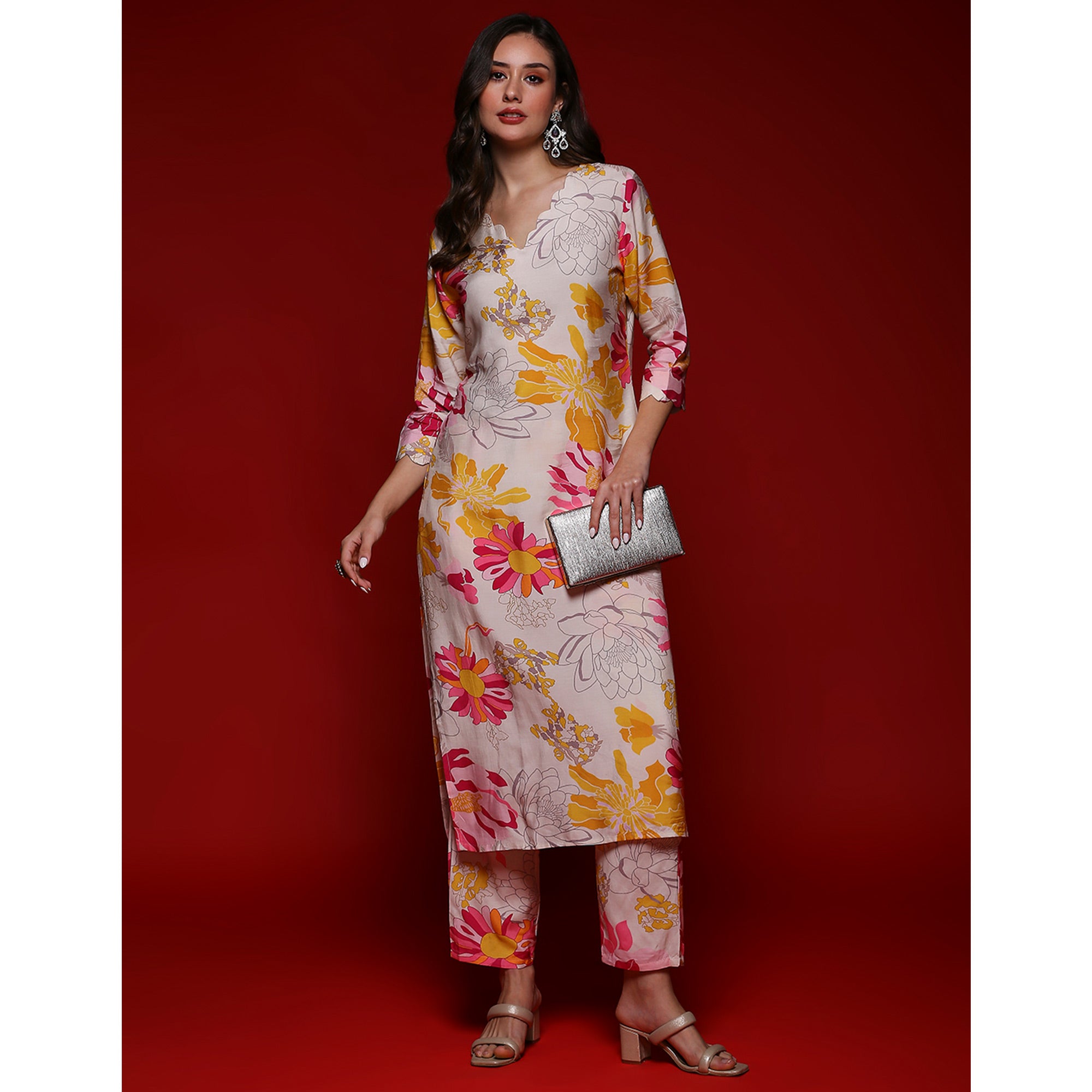 Off White Floral Printed Muslin Co-Ord Set