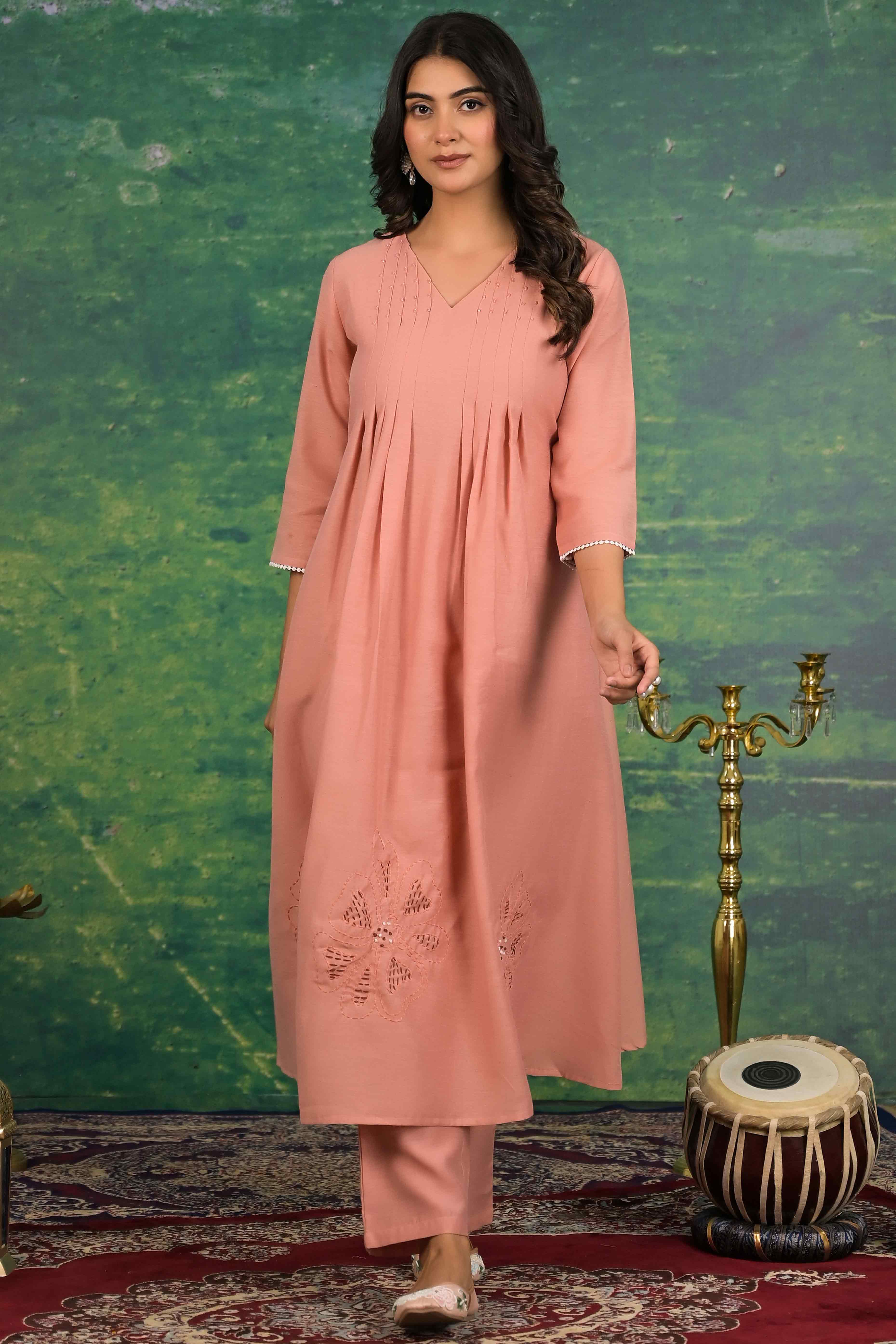 Peach Floral Embroidered Pure Cotton Top Bottom Set