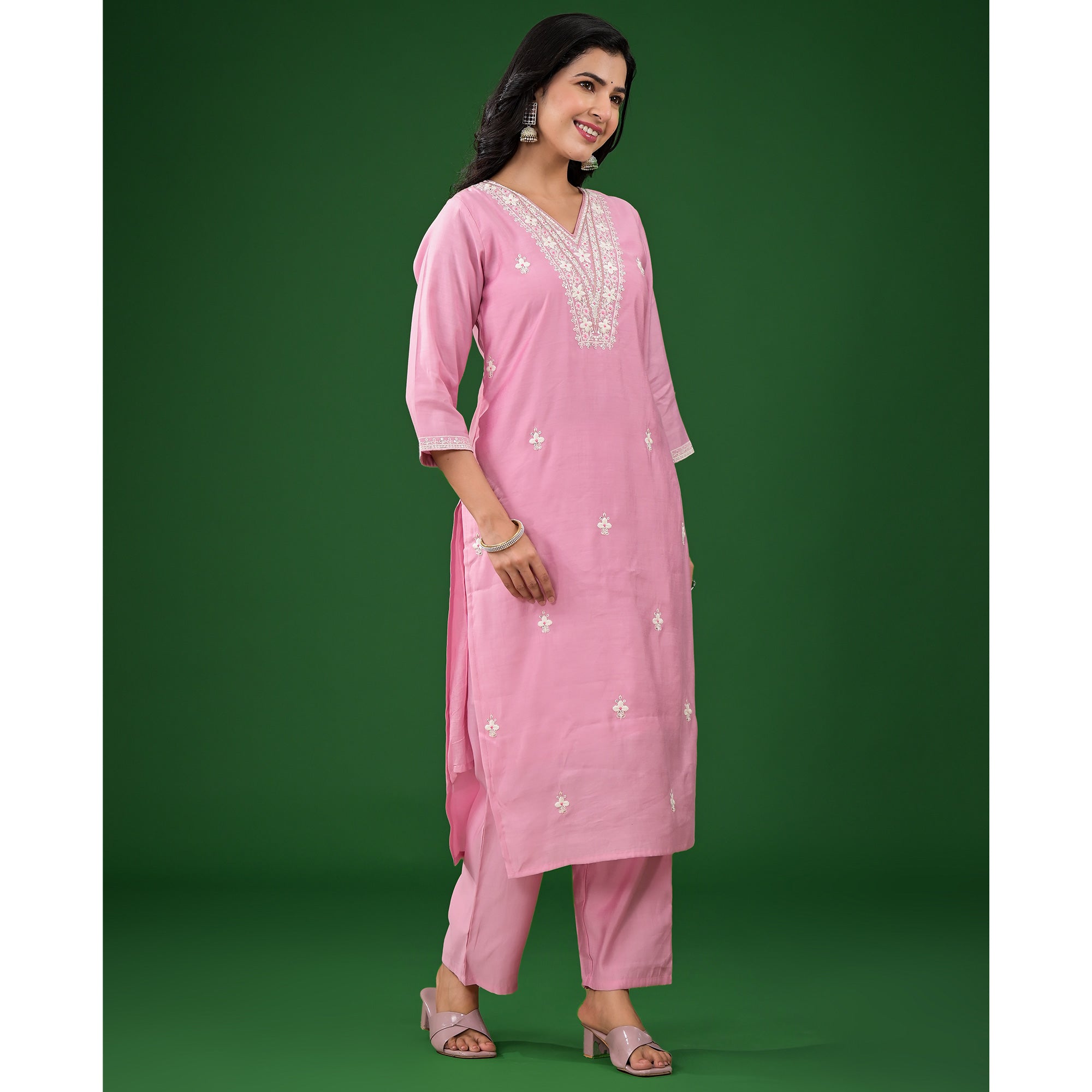 Pink Floral Embroidered Pure Silk Straight Salwar Suit