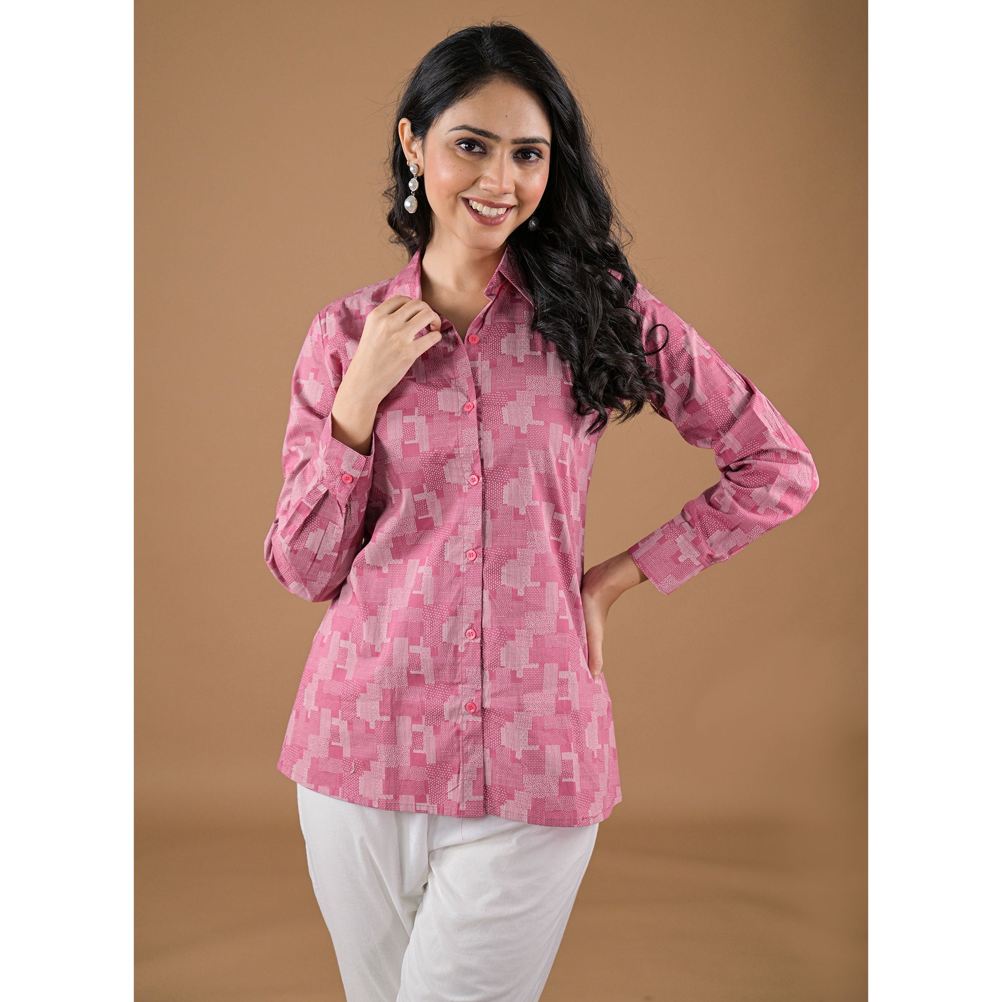Pink Printed Cotton Blend Top