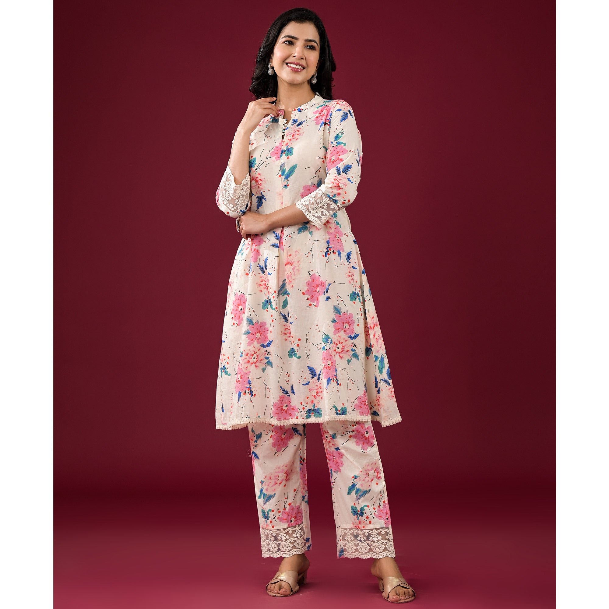 Off White Floral Printed Pure Cotton Co-Ord Set