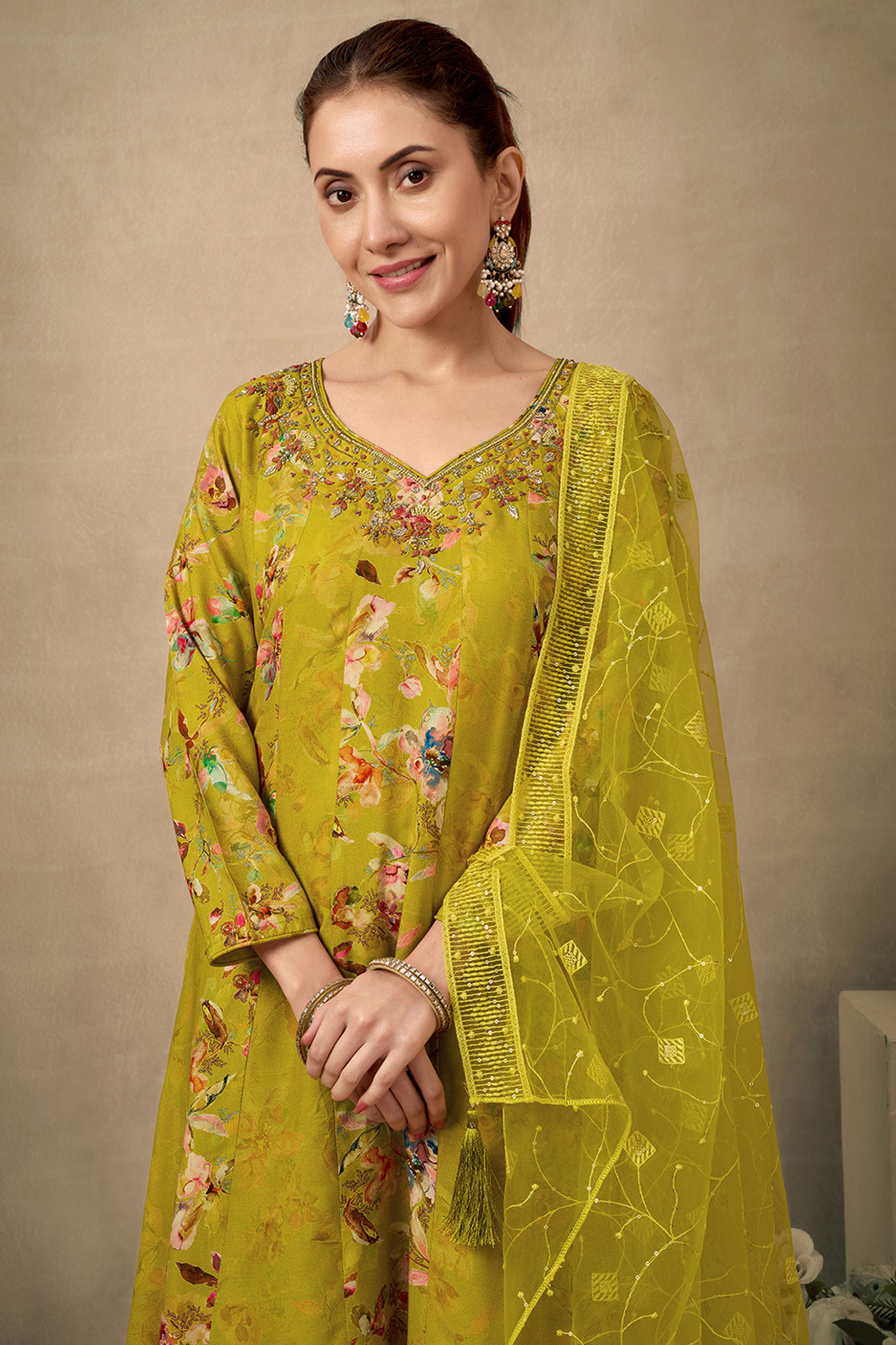 Mustard Floral Printed With Handwork On Neck Rayon Anarkali Salwar Suit