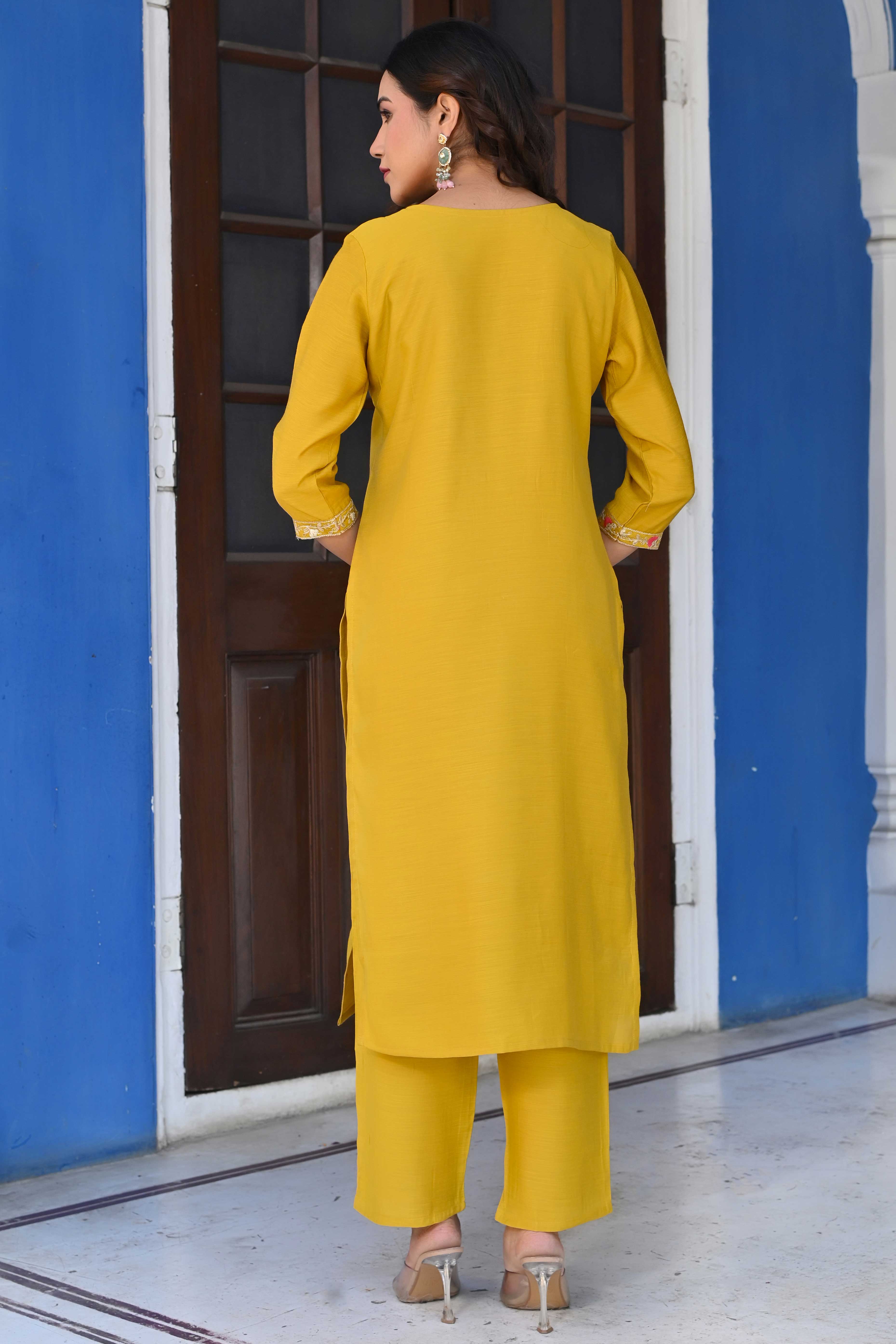 Mustard Handwork Embroidered Viscose Straight Salwar Suit