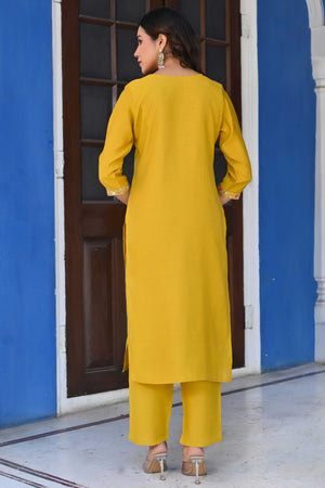 Mustard Handwork Embroidered Viscose Straight Salwar Suit