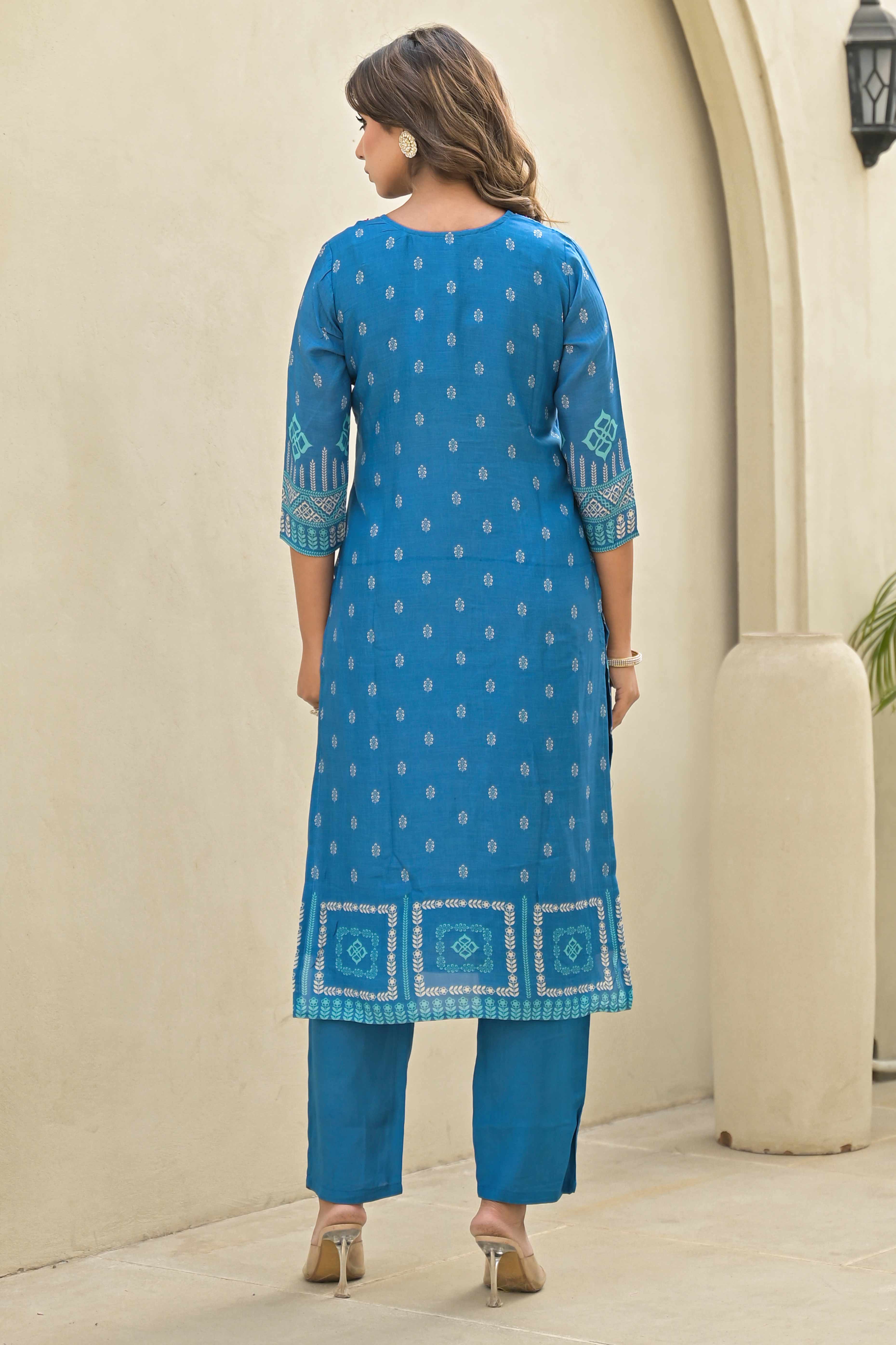 Blue Floral Printed Muslin Straight Salwar Suit