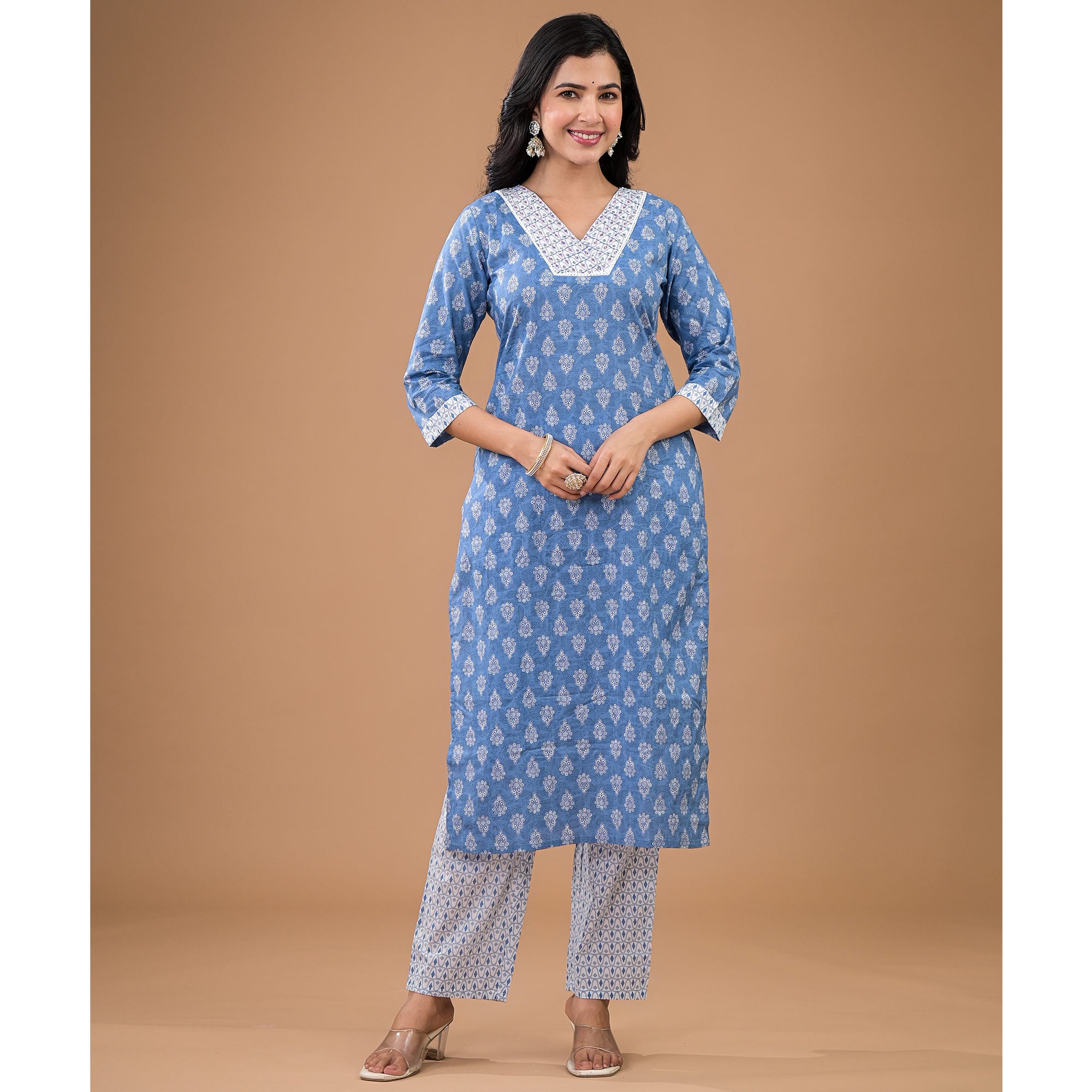 Blue Floral Printed Pure Cotton Salwar Suit