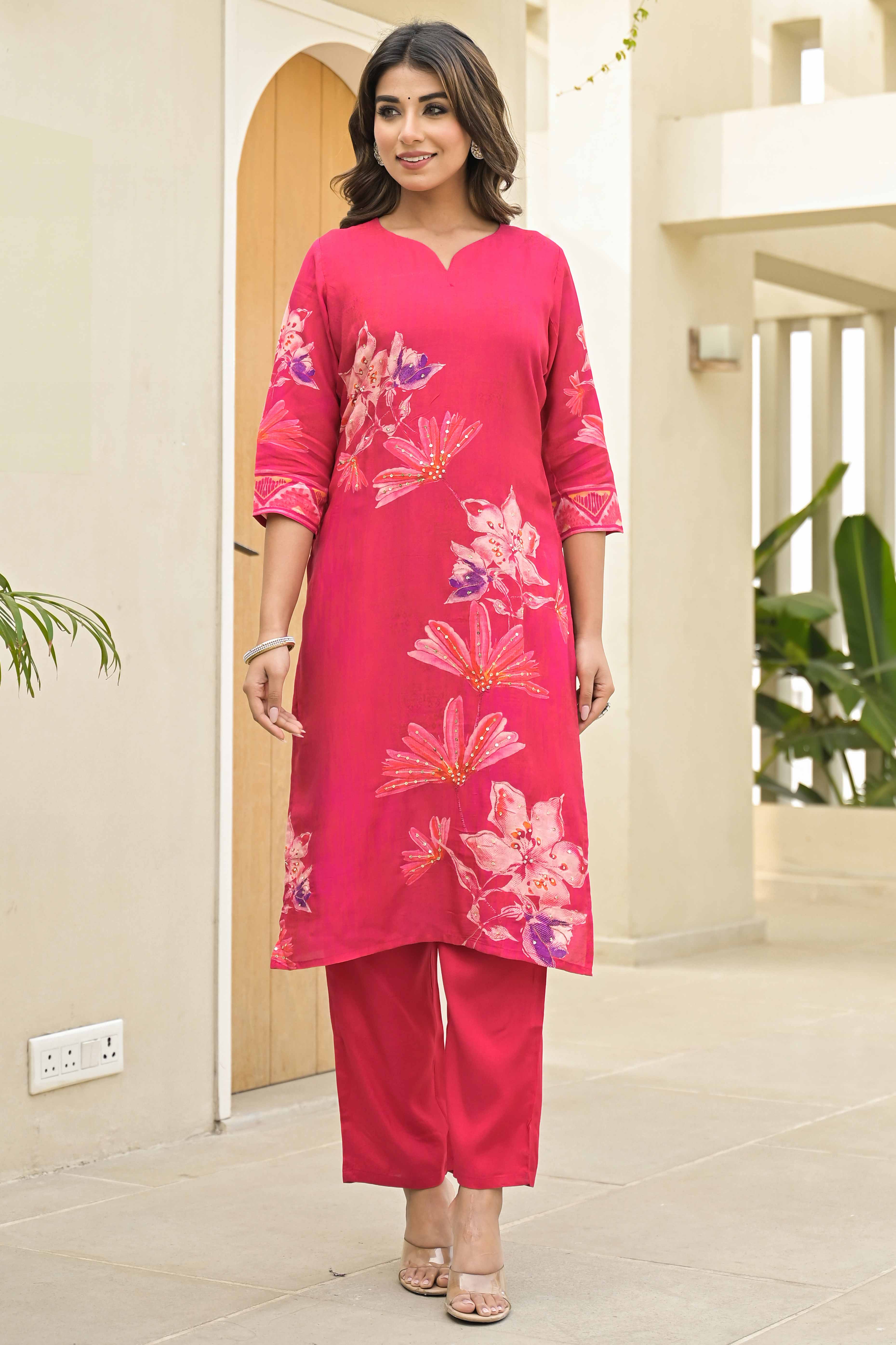 Pink Floral Printed Muslin Salwar Suit With Handwork