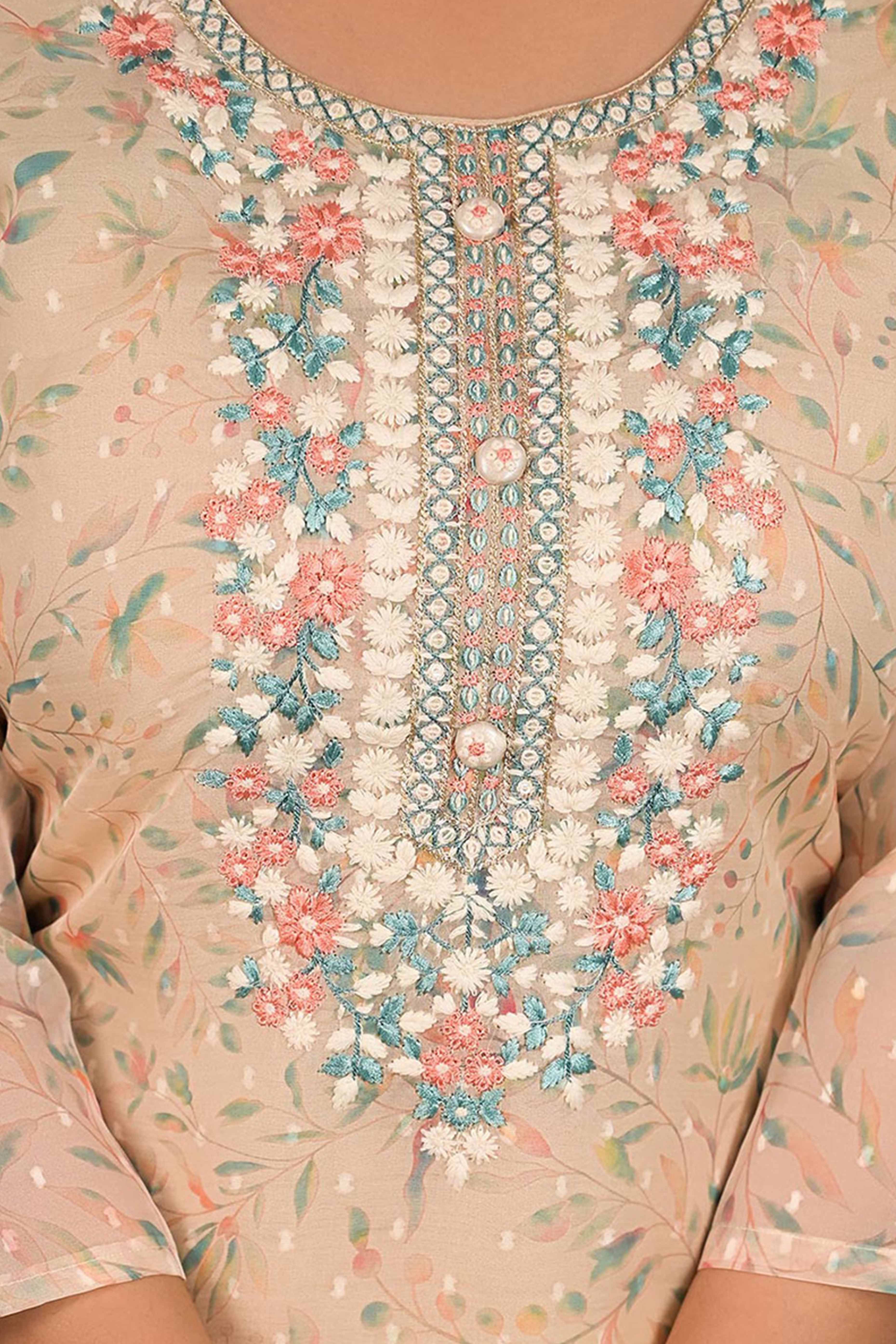 Off White Floral Printed Organza Straight Kurti