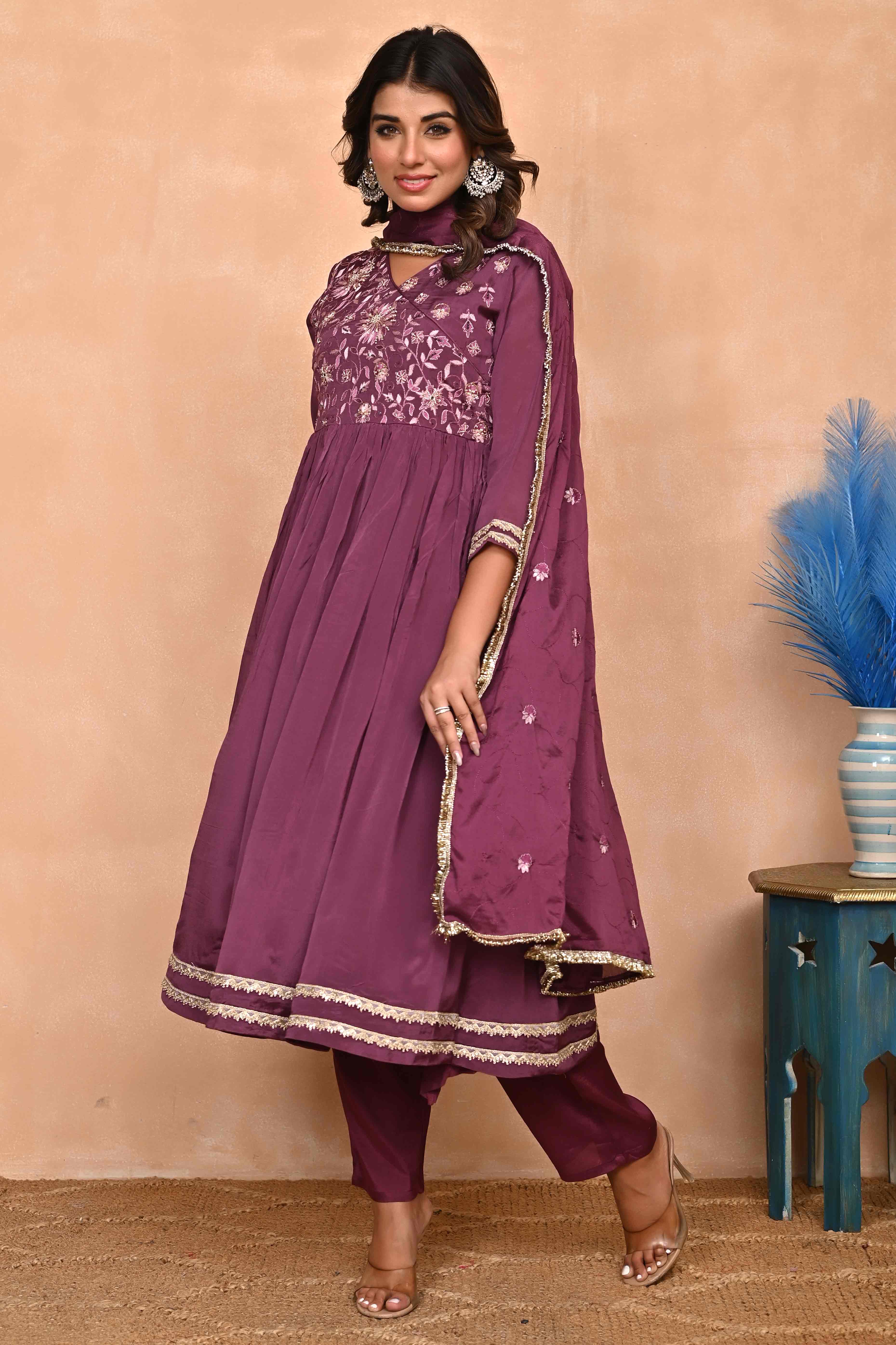 Plum Purple Chinon Anarkali with Floral Pattern & Hand-Beaded Embroidery