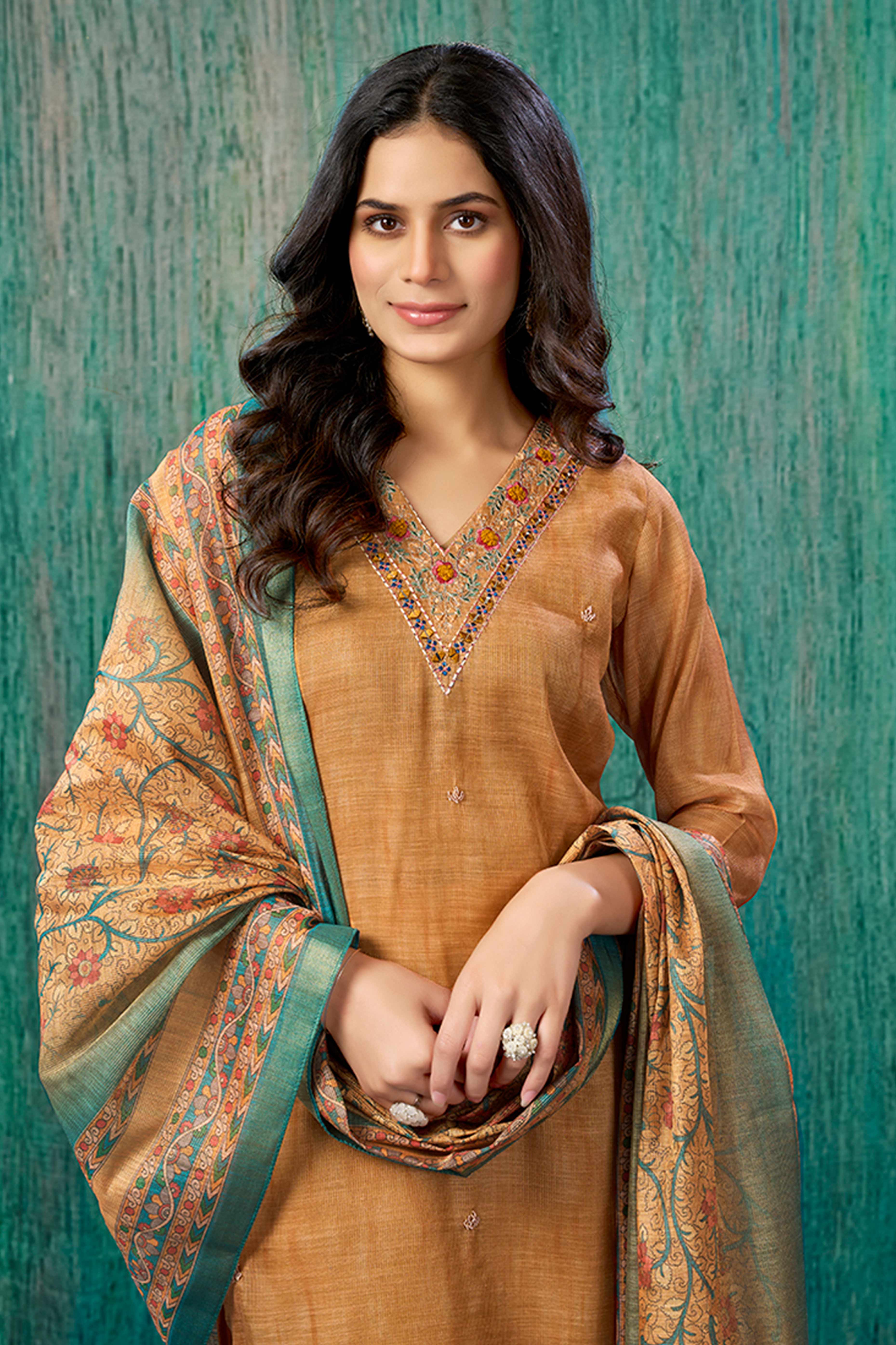 Orange Thread Work Embroidered Linen Straight Salwar Suit