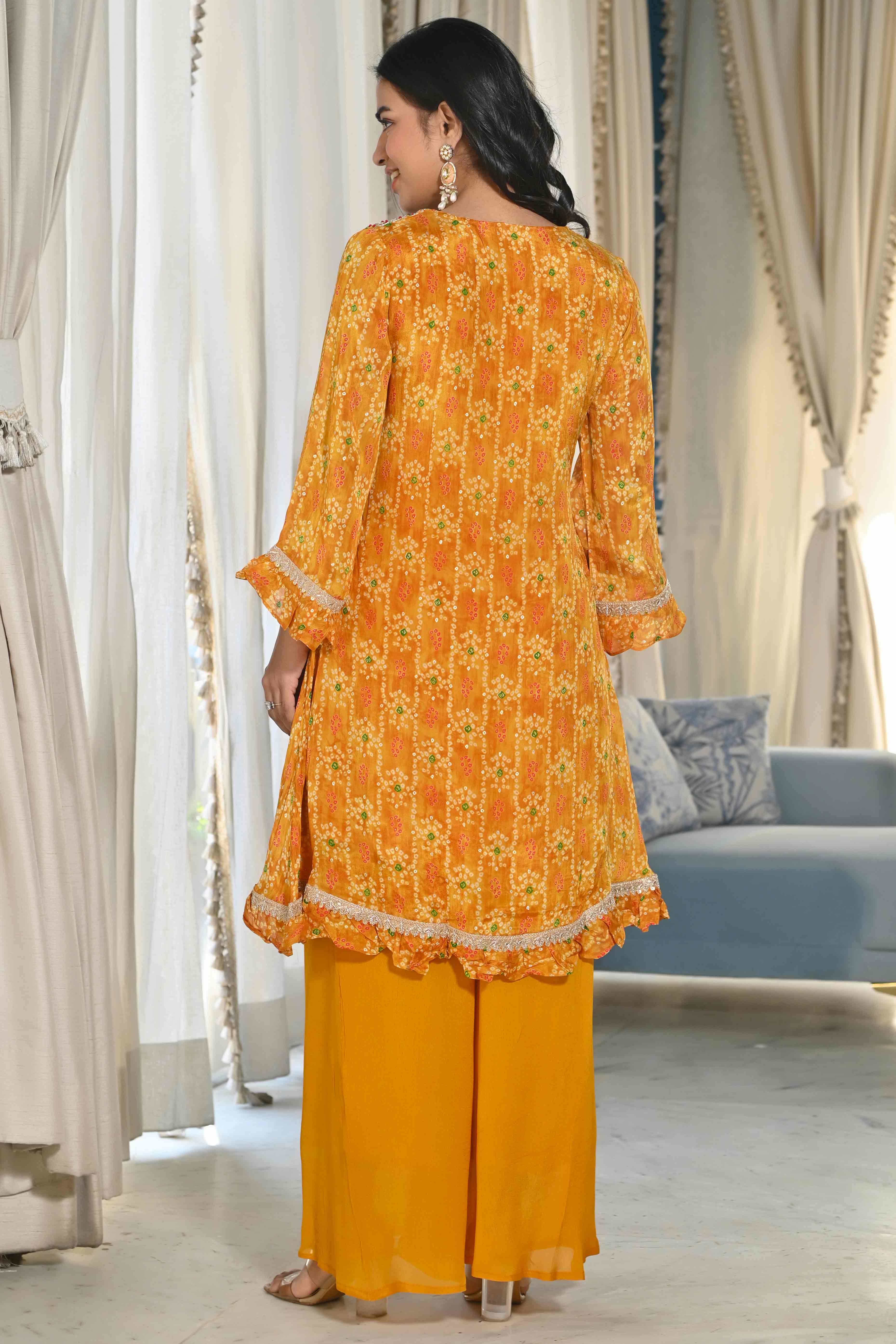 Mustard Bandhani Printed Chinon Co-Ord Set