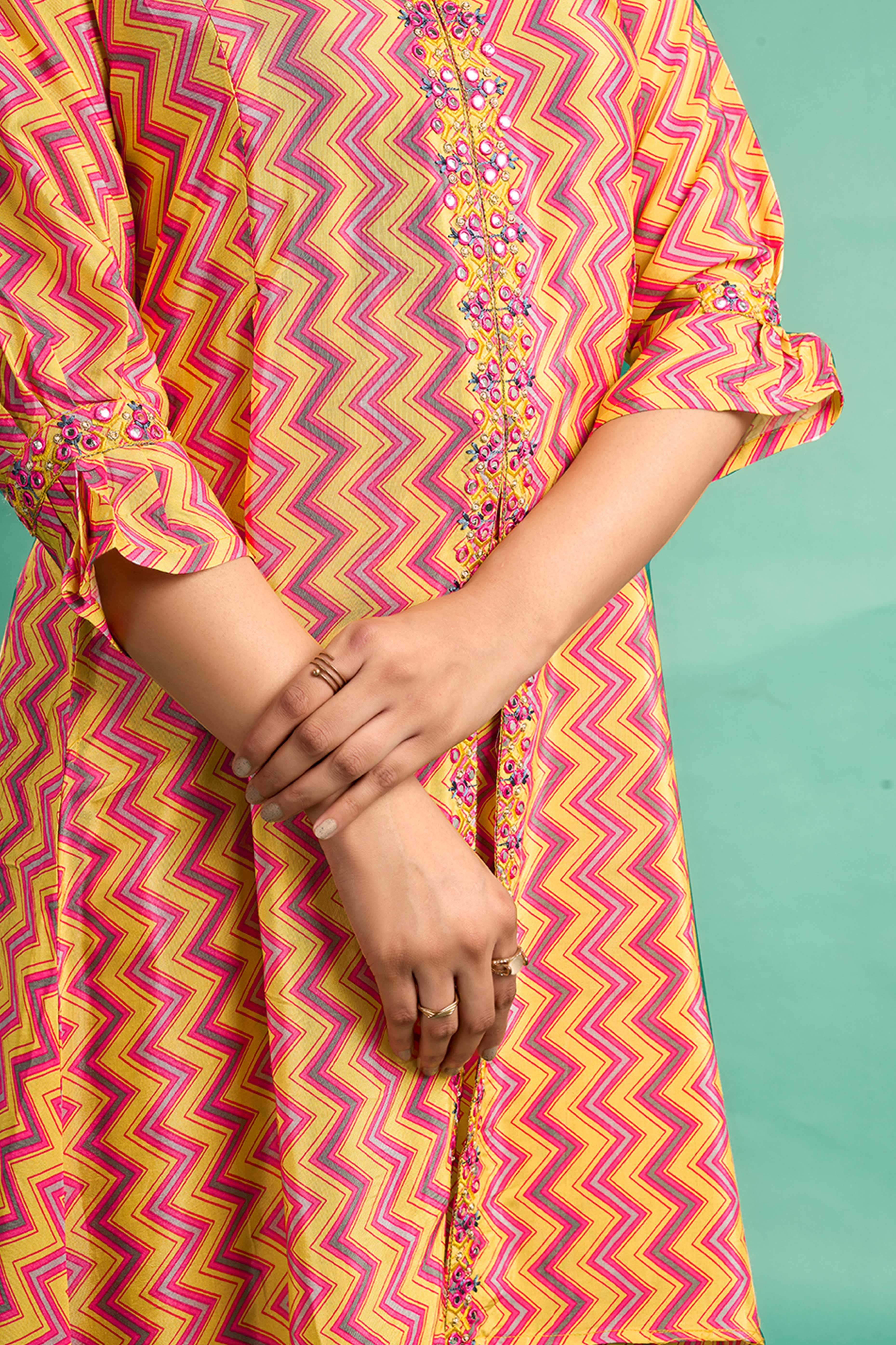 Yellow Zig Zag Printed Muslin Front Slit Co-Ord Set