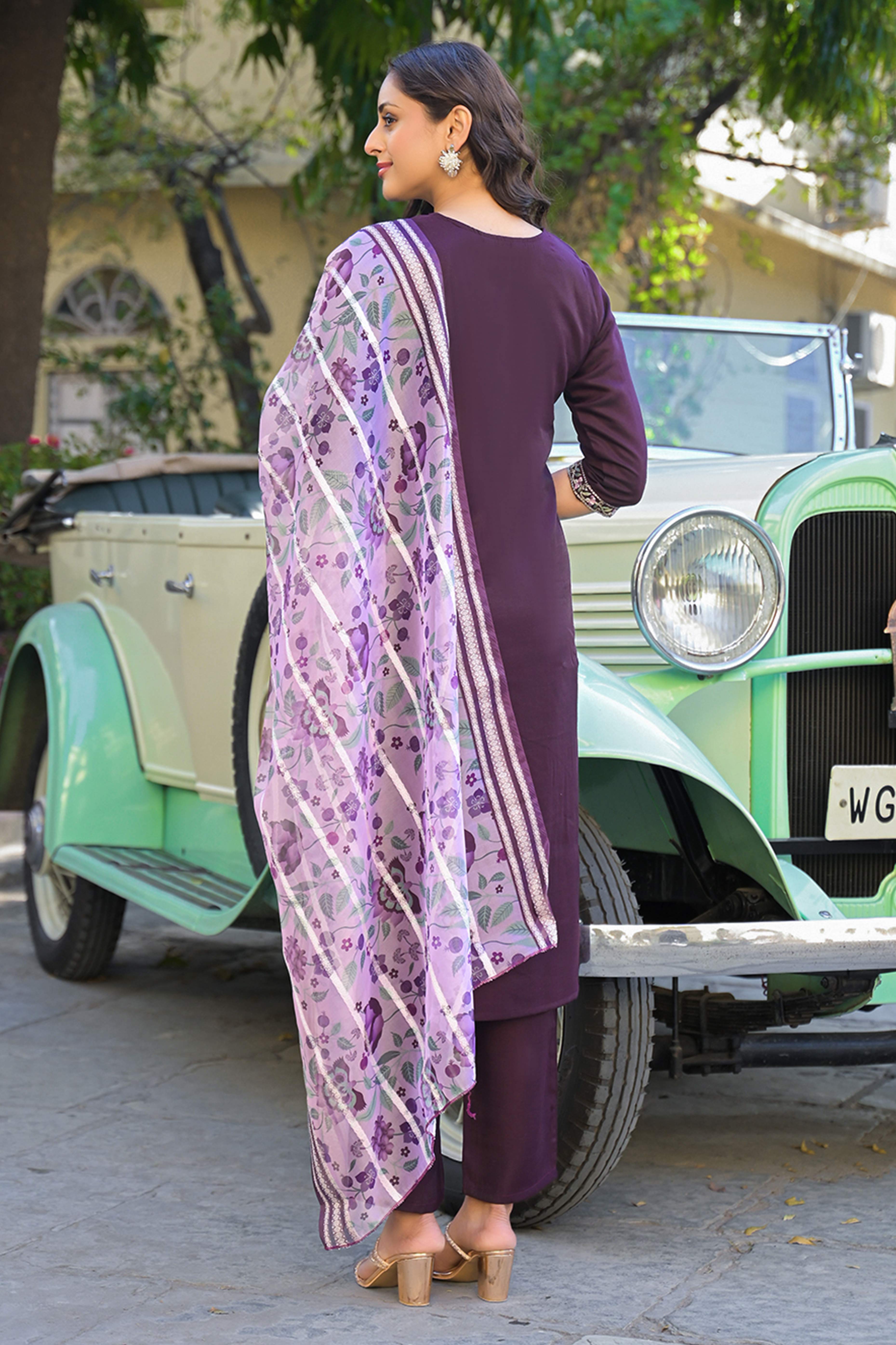 Wine Floral Embroidered Chanderi Straight Salwar Suit