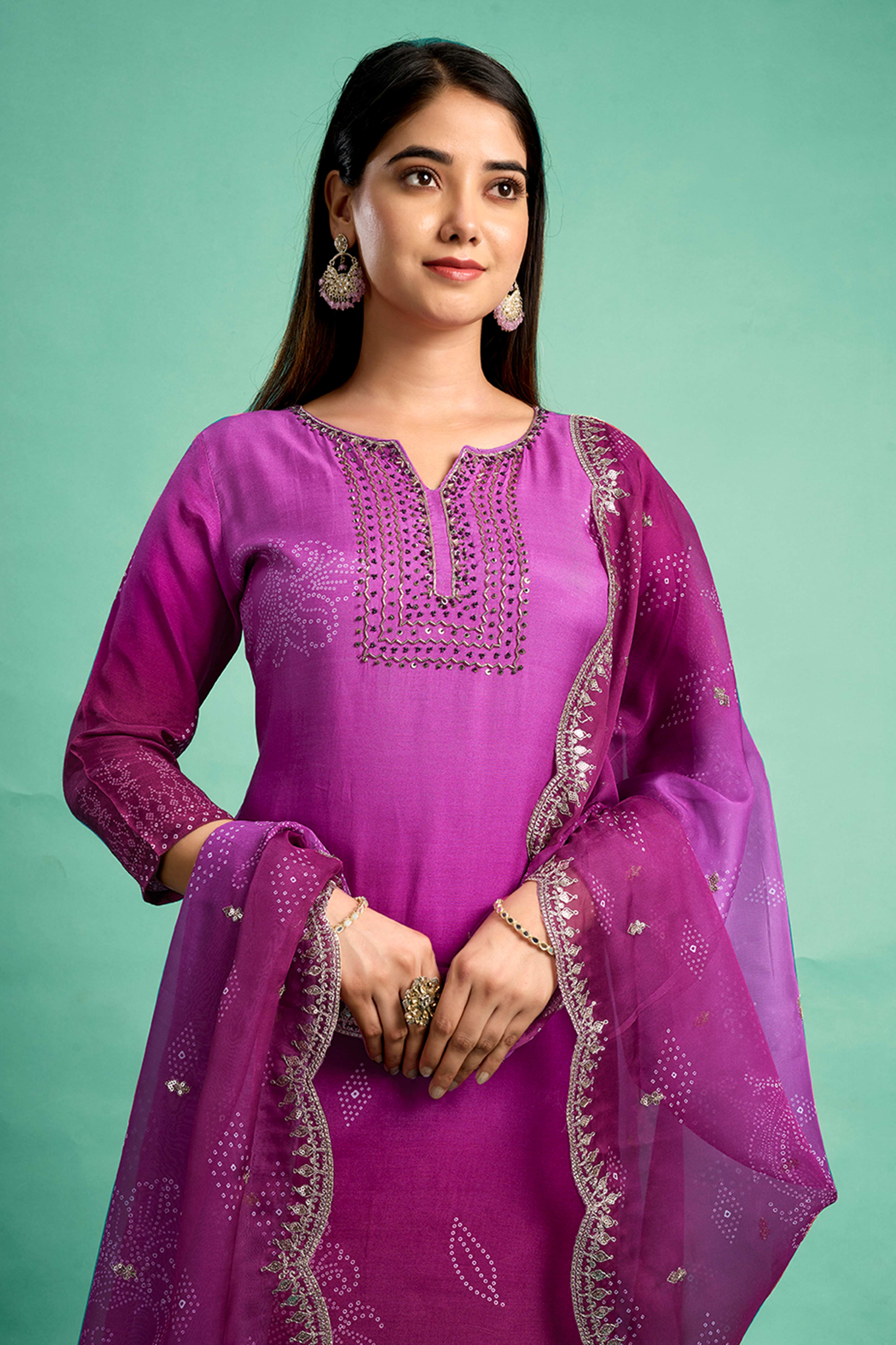 Purple Sequins Embroidered Muslin Straight Salwar Suit