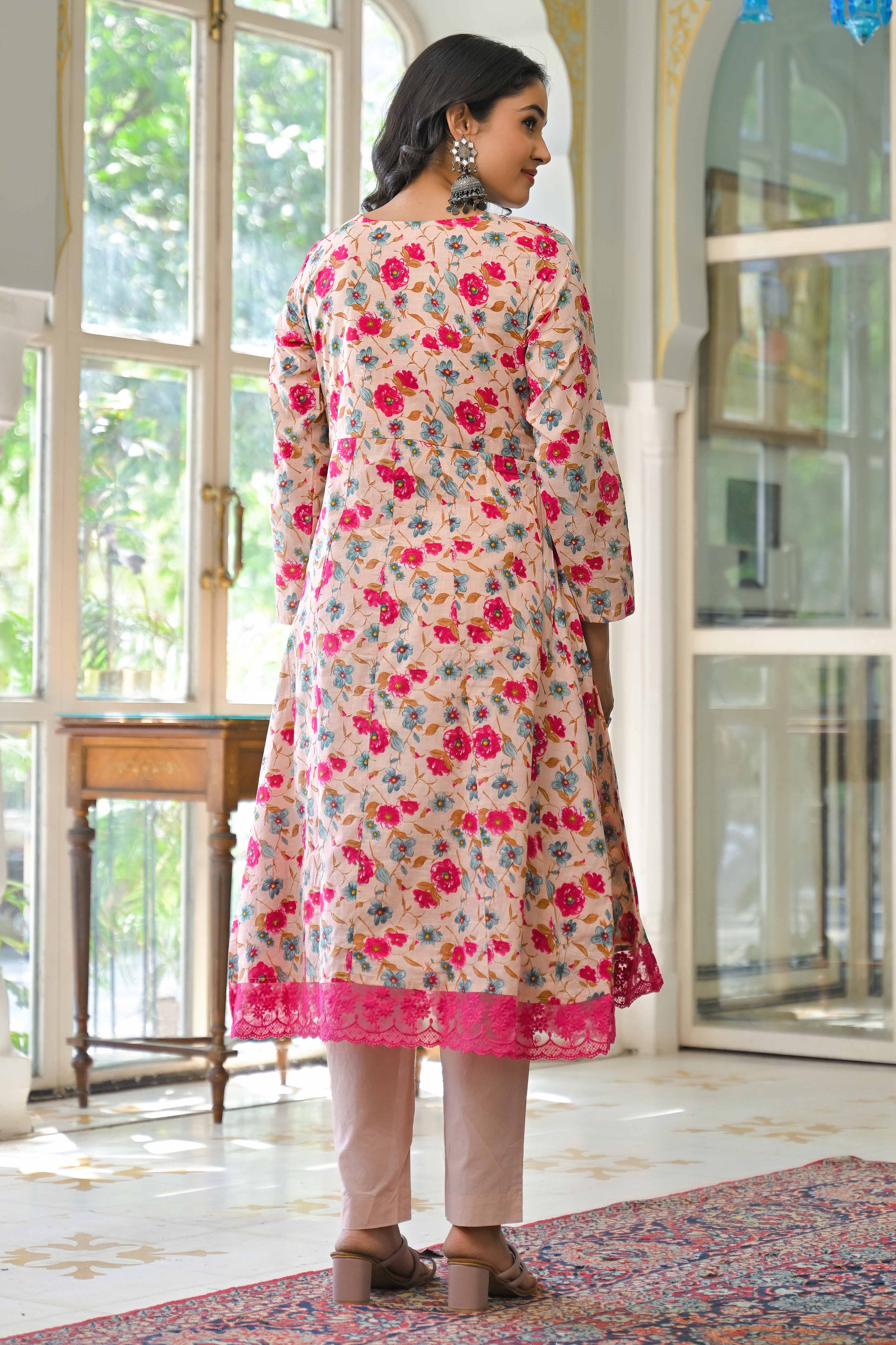 Light Pink Floral Printed Beads Work Pure Cotton Anarkali Salwar Suit