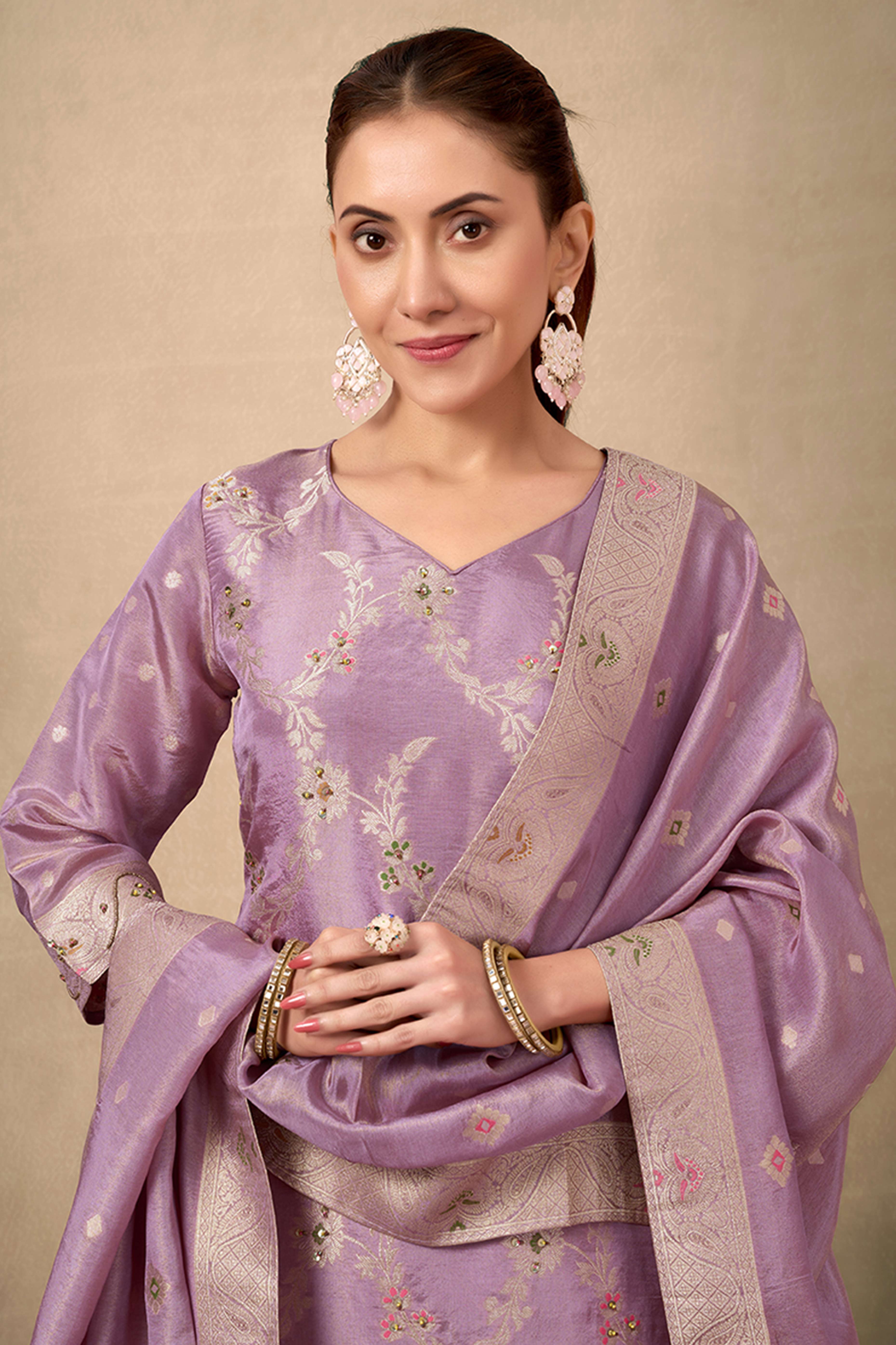 Mauve Floral Zari Woven Jacquard Sharara Suit With Exquisite Handwork