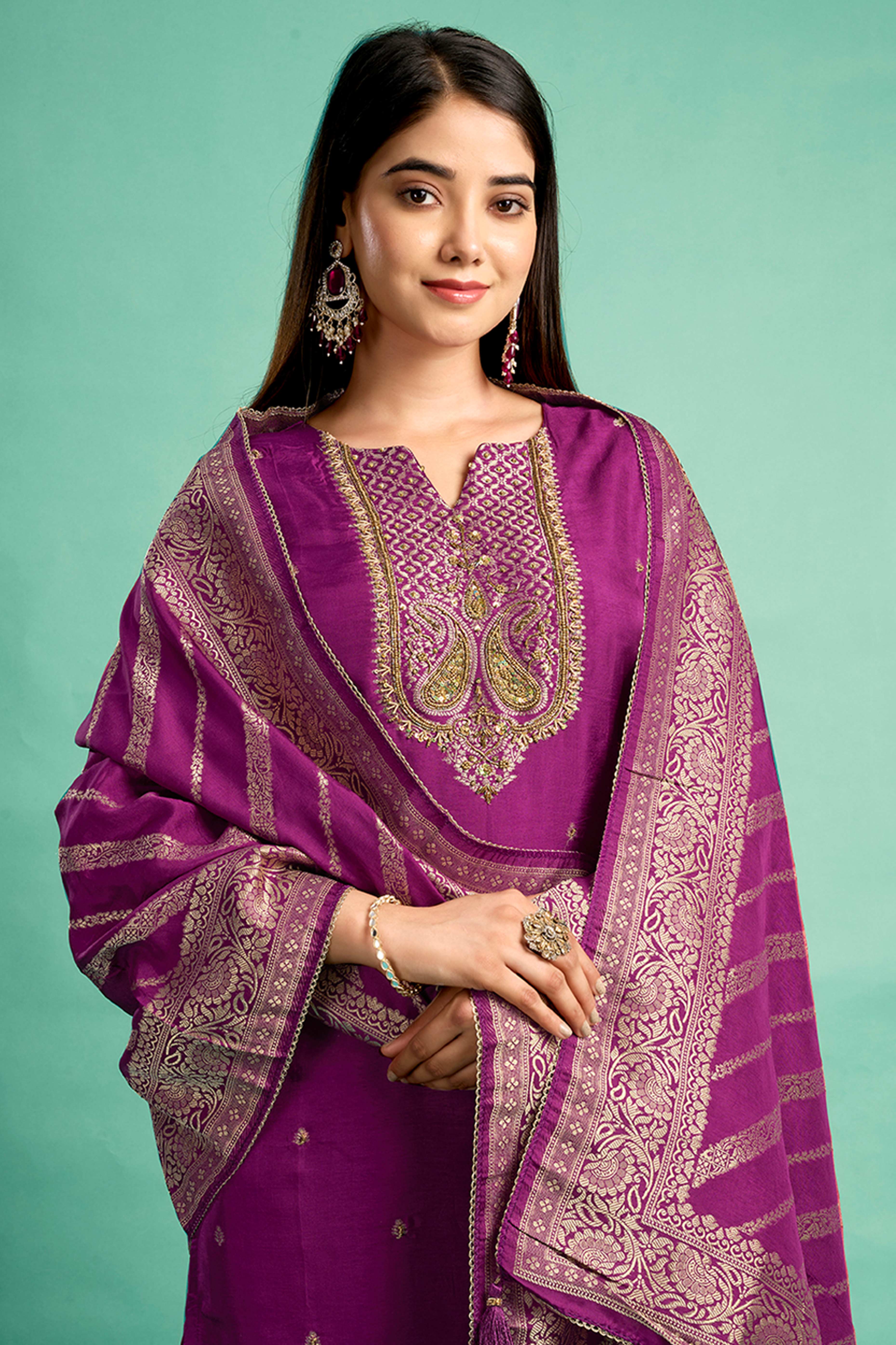 Purple Handwork Embroidered Pure Dola Silk Straight Salwar Suit