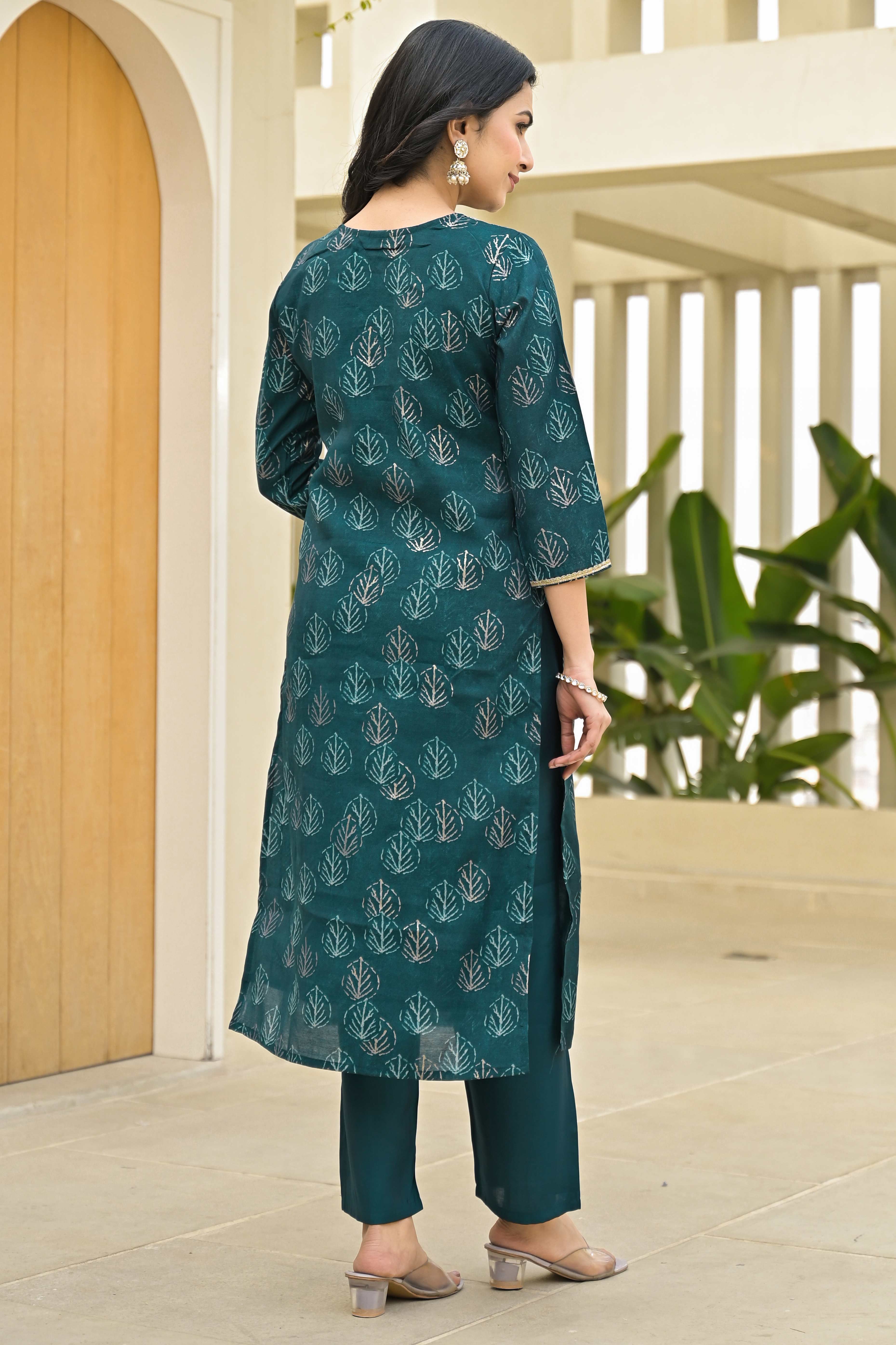 Teal Foil Printed Chanderi Straight Salwar Suit