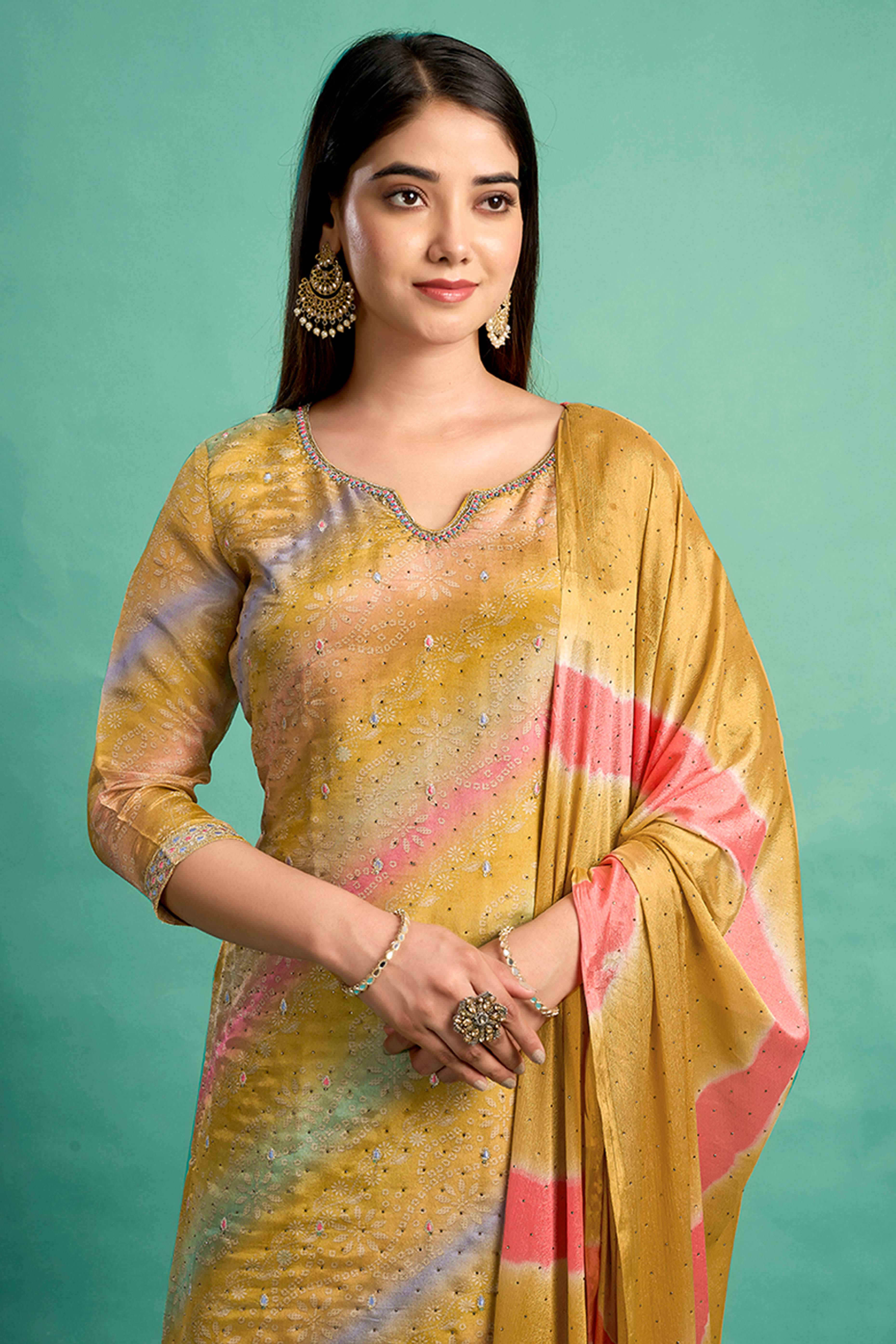 Mustard Pure Shimmer Straight Suit with Stone Embroidery