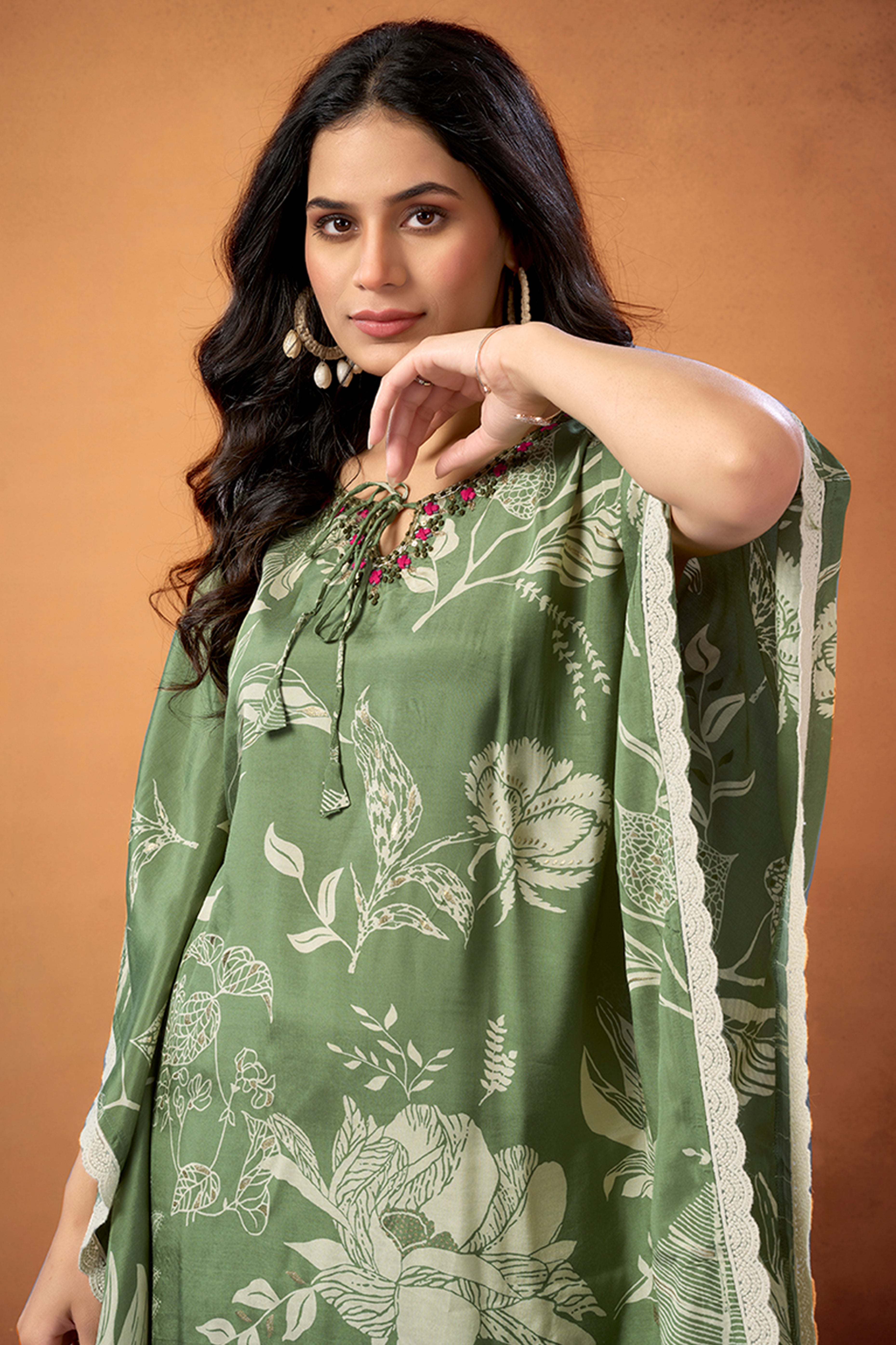 Green Floral Printed Muslin Kaftan Top Bottom Set