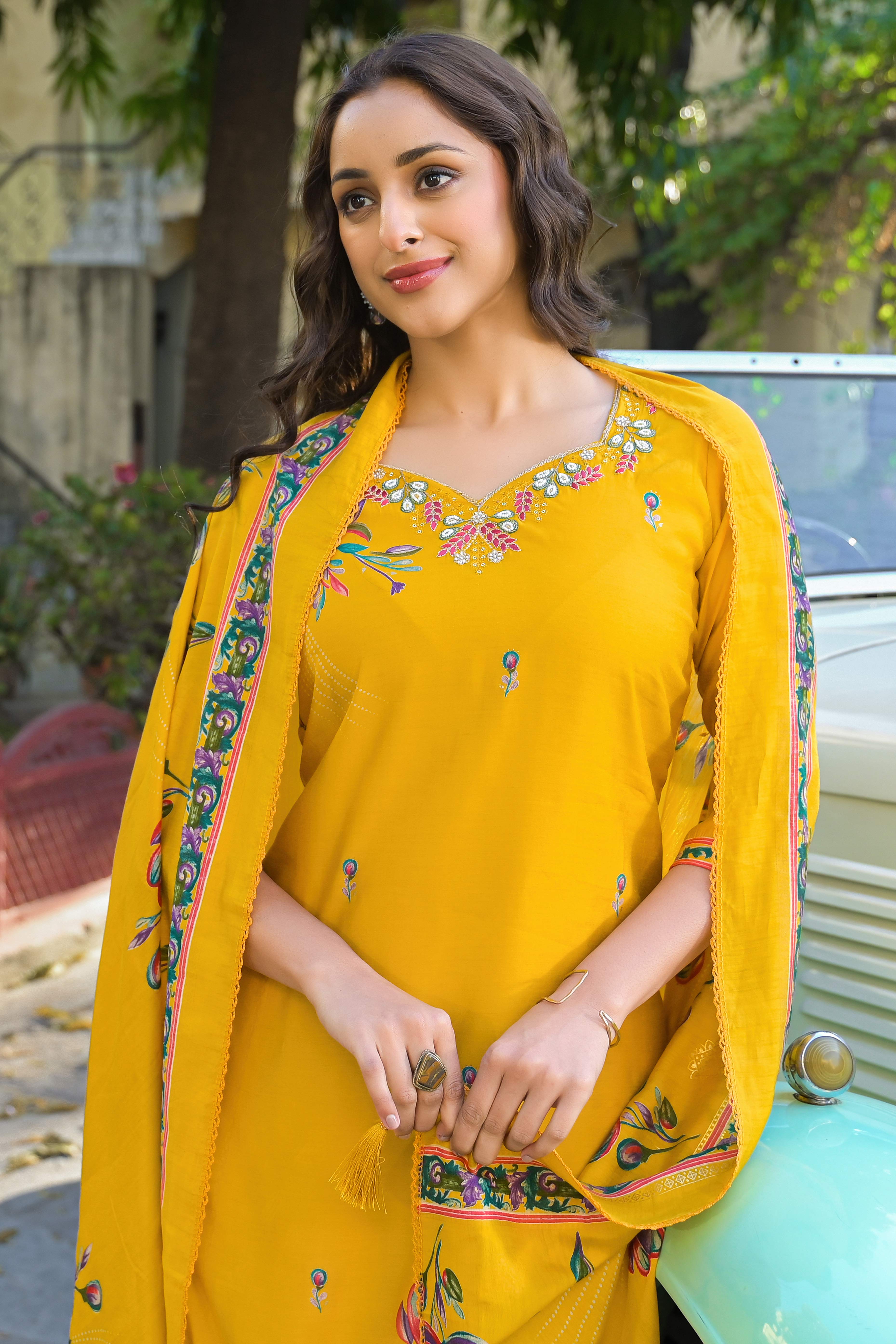 Mustard Floral Printed Thread Work Chanderi Silk Straight Salwar Suit