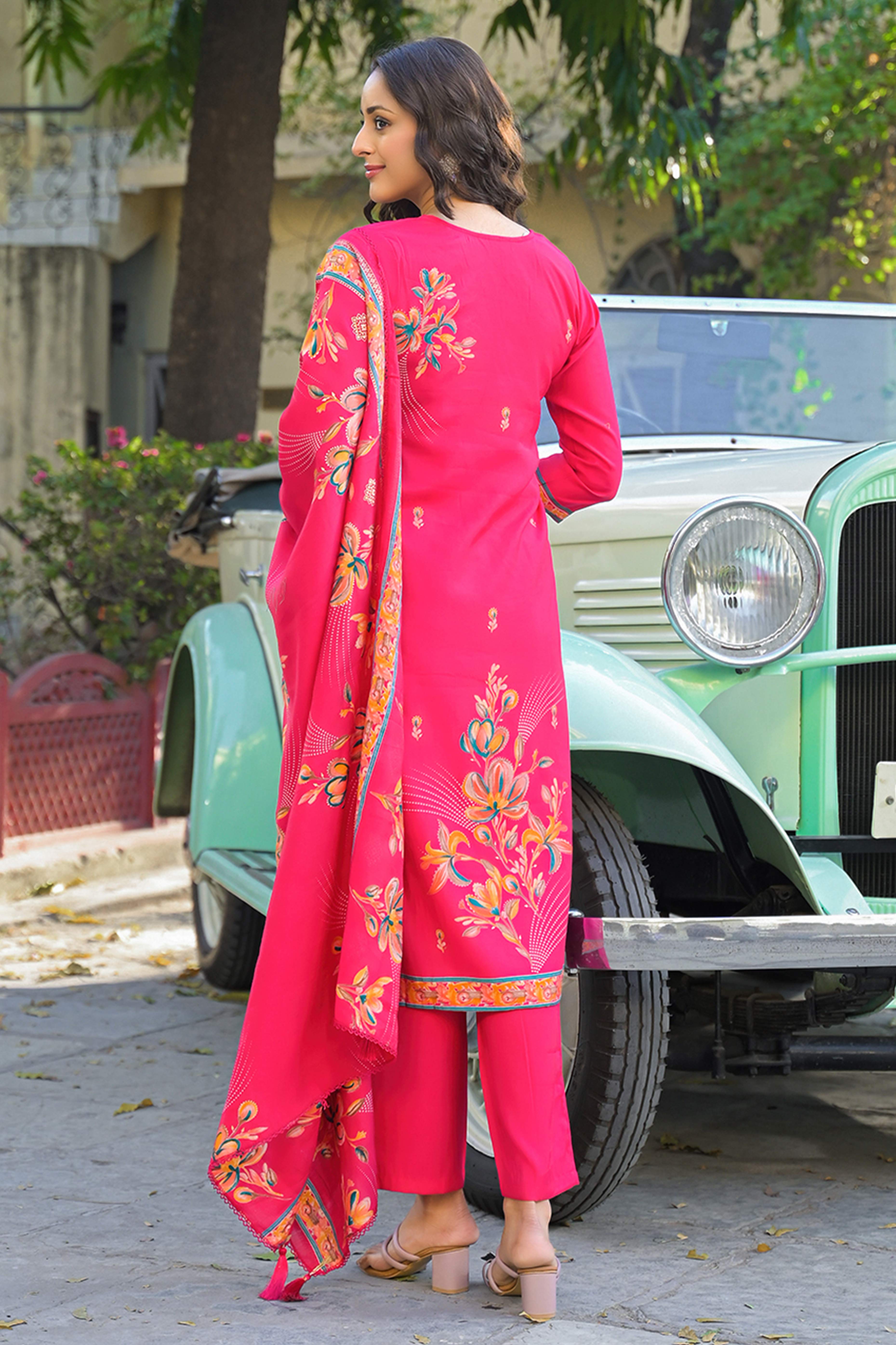 Pink Floral Printed Thread Work Chanderi Silk Straight Salwar Suit