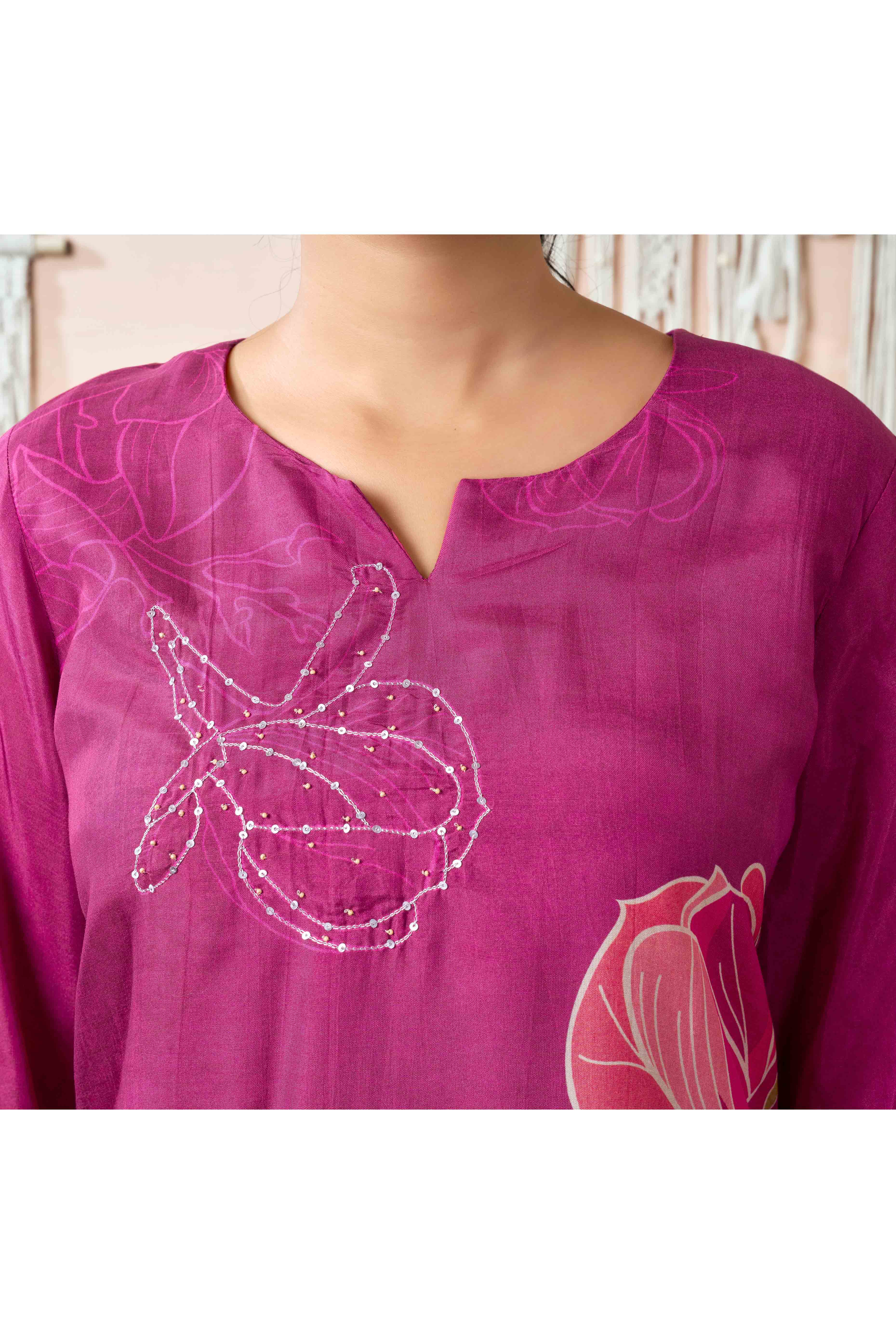 Mulberry Wine Beads Work Digital Printed Muslin Co-Ord Set