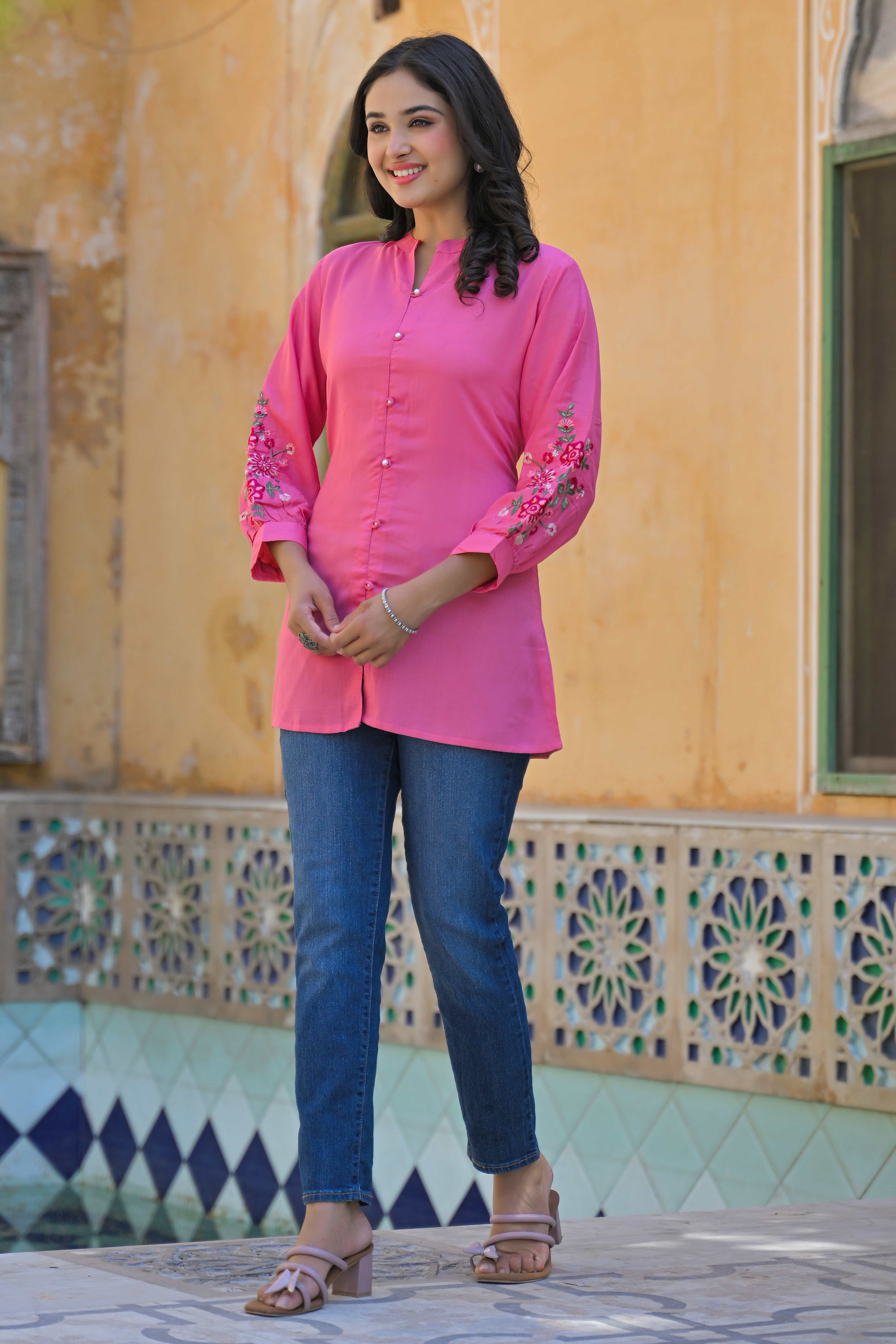 Pink Floral Embroidered Rayon Straight Top