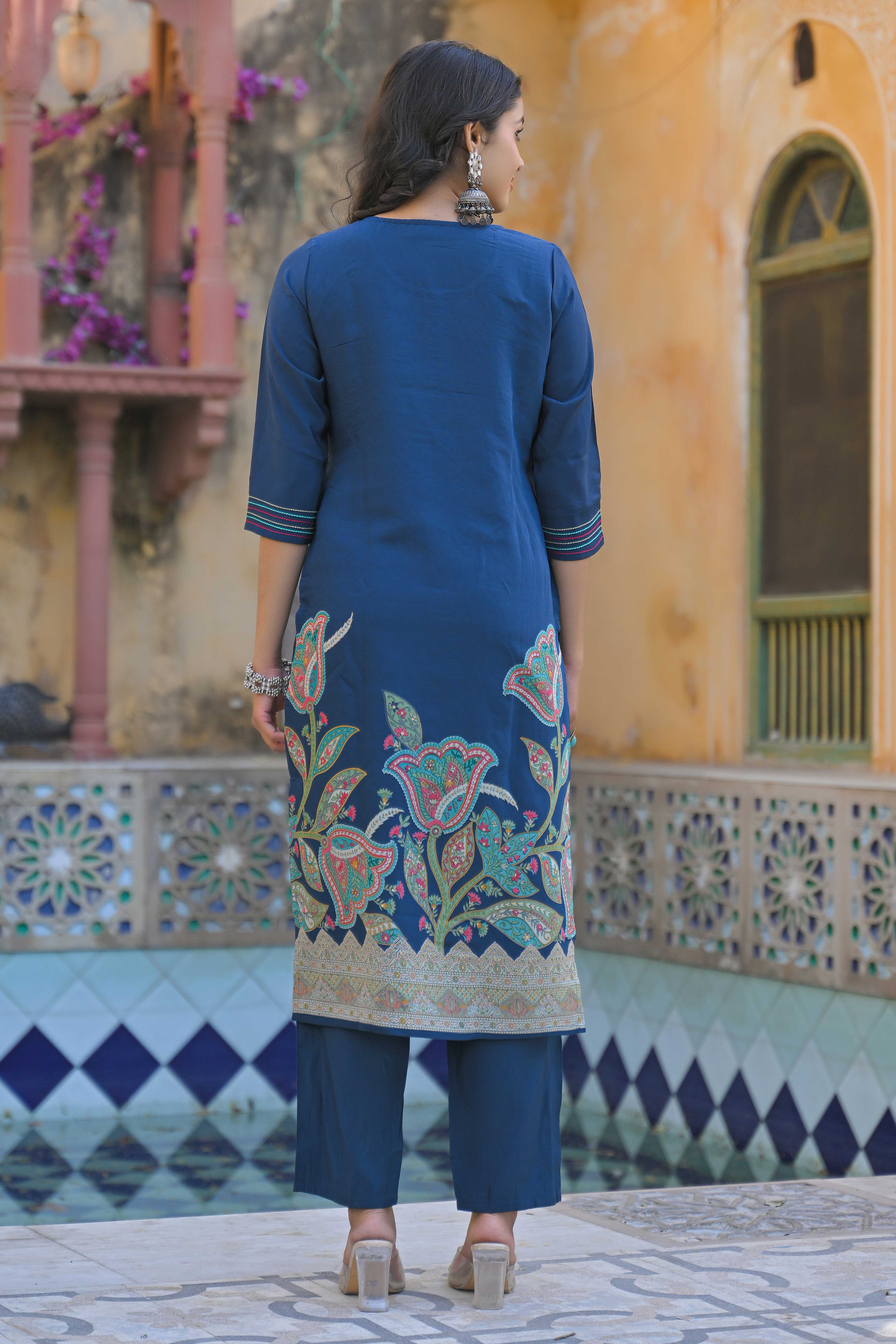 Traditional Morpich Blue Hand Embroidered Chanderi Silk Suit