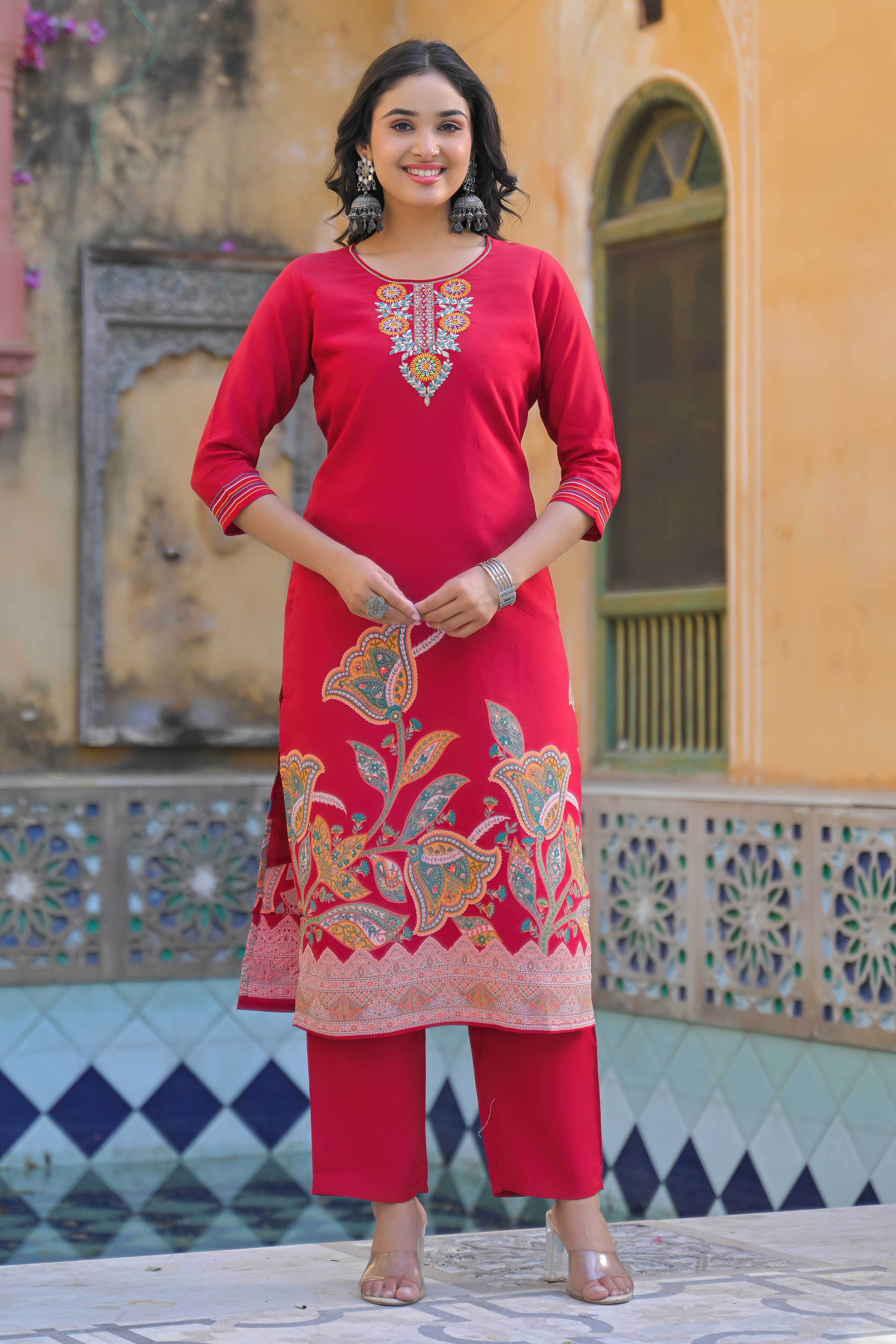 Pink Floral Handwork Embroidered Chanderi Silk Straight Salwar Suit