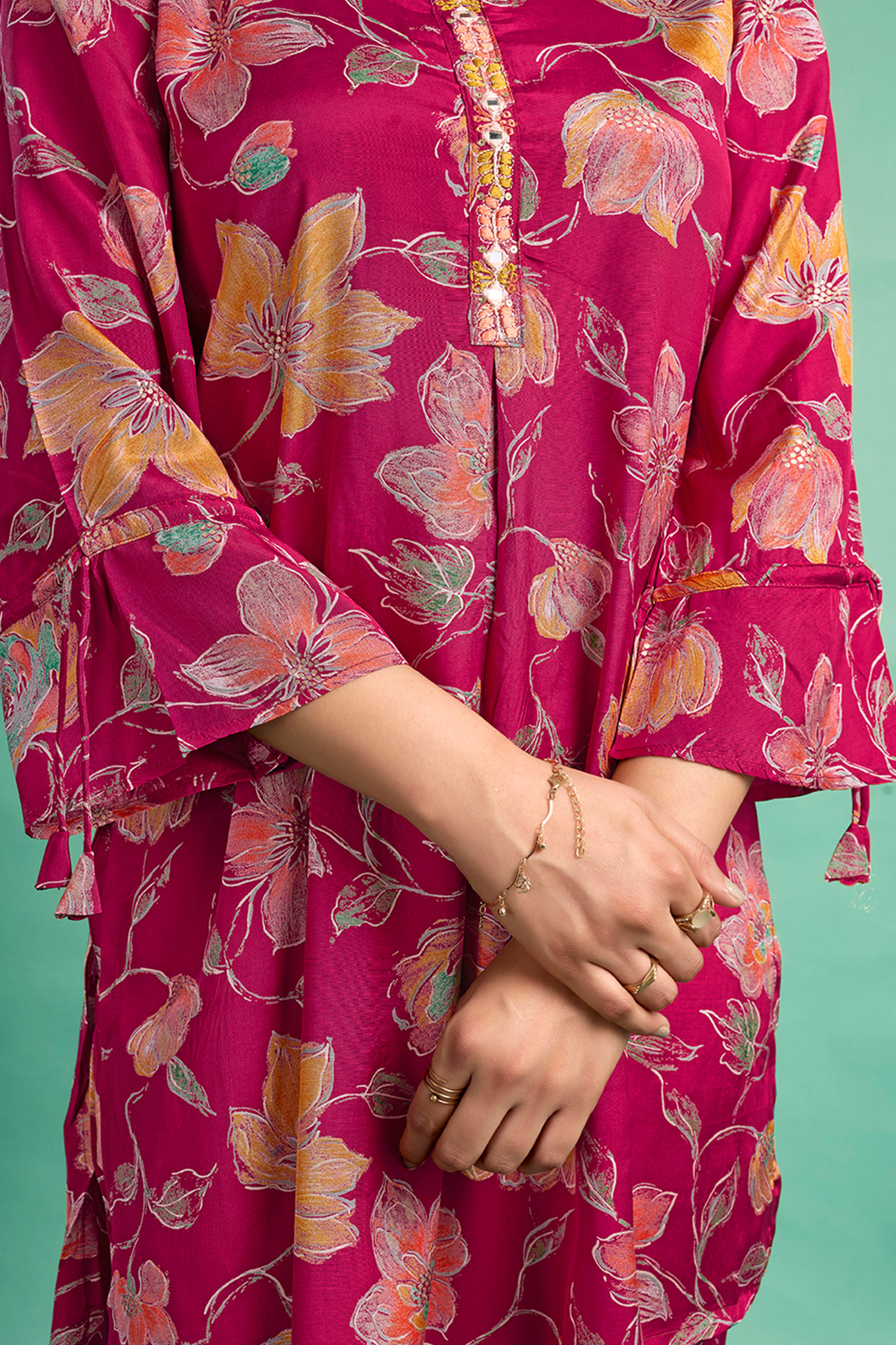 Red Floral Printed Muslin Straight Co-Ord Set