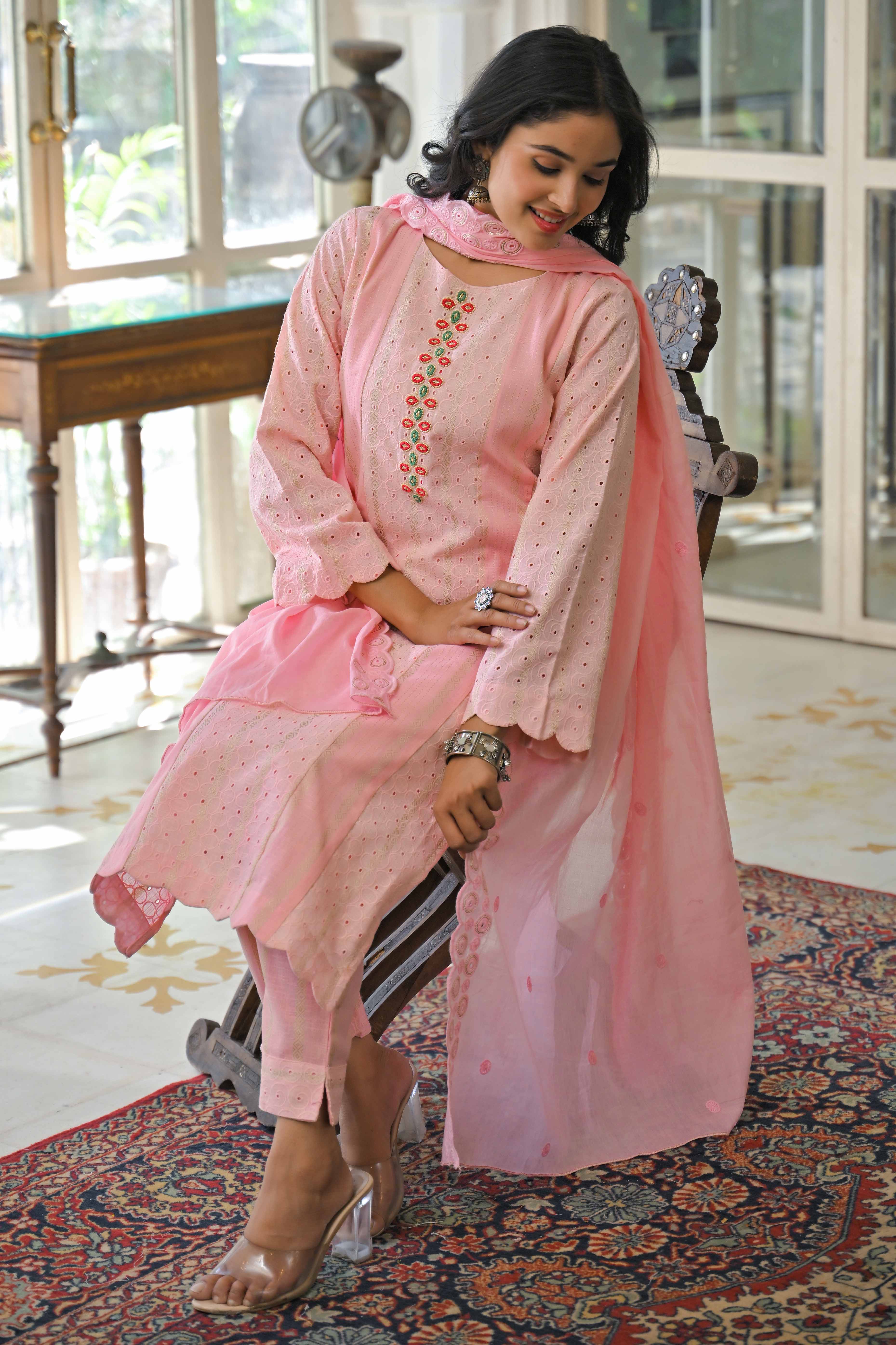 Pink Embroidered Pure Cotton Straight Salwar Suit
