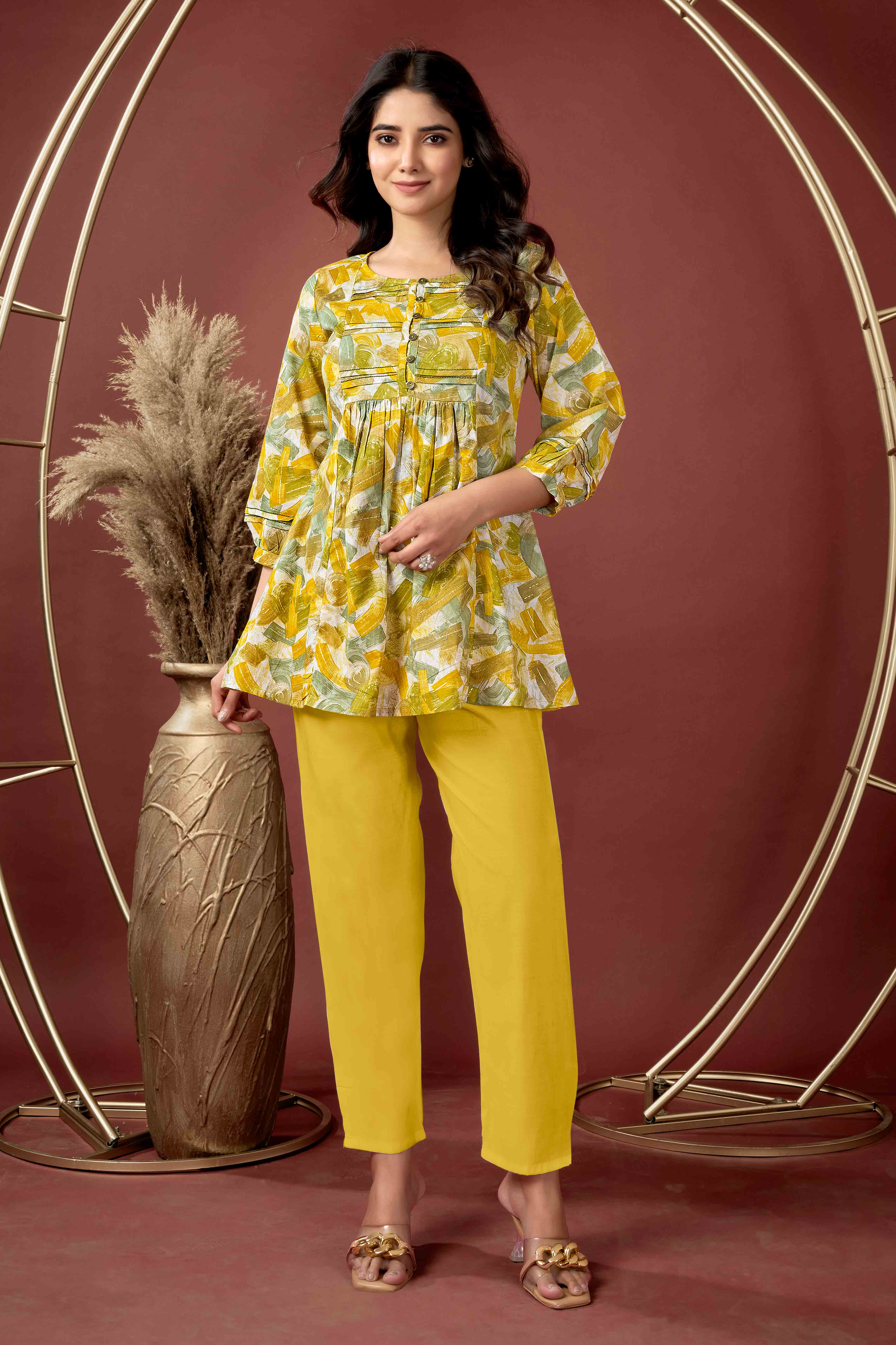 Mustard Abstract Printed Pure Cotton A-Line Top