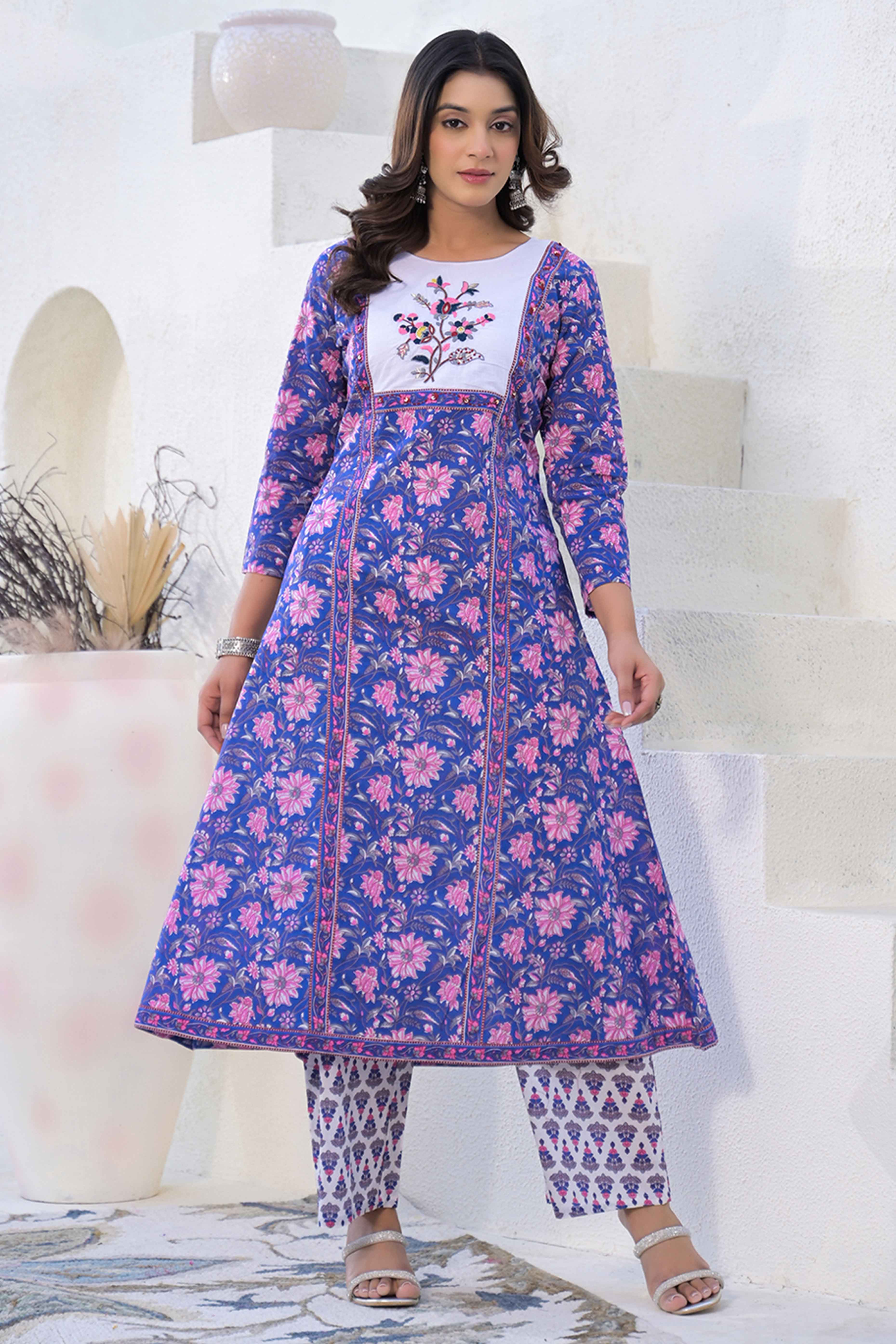 Blue Pure Cotton Salwar Suit with Floral Prints and Embroidered Neck