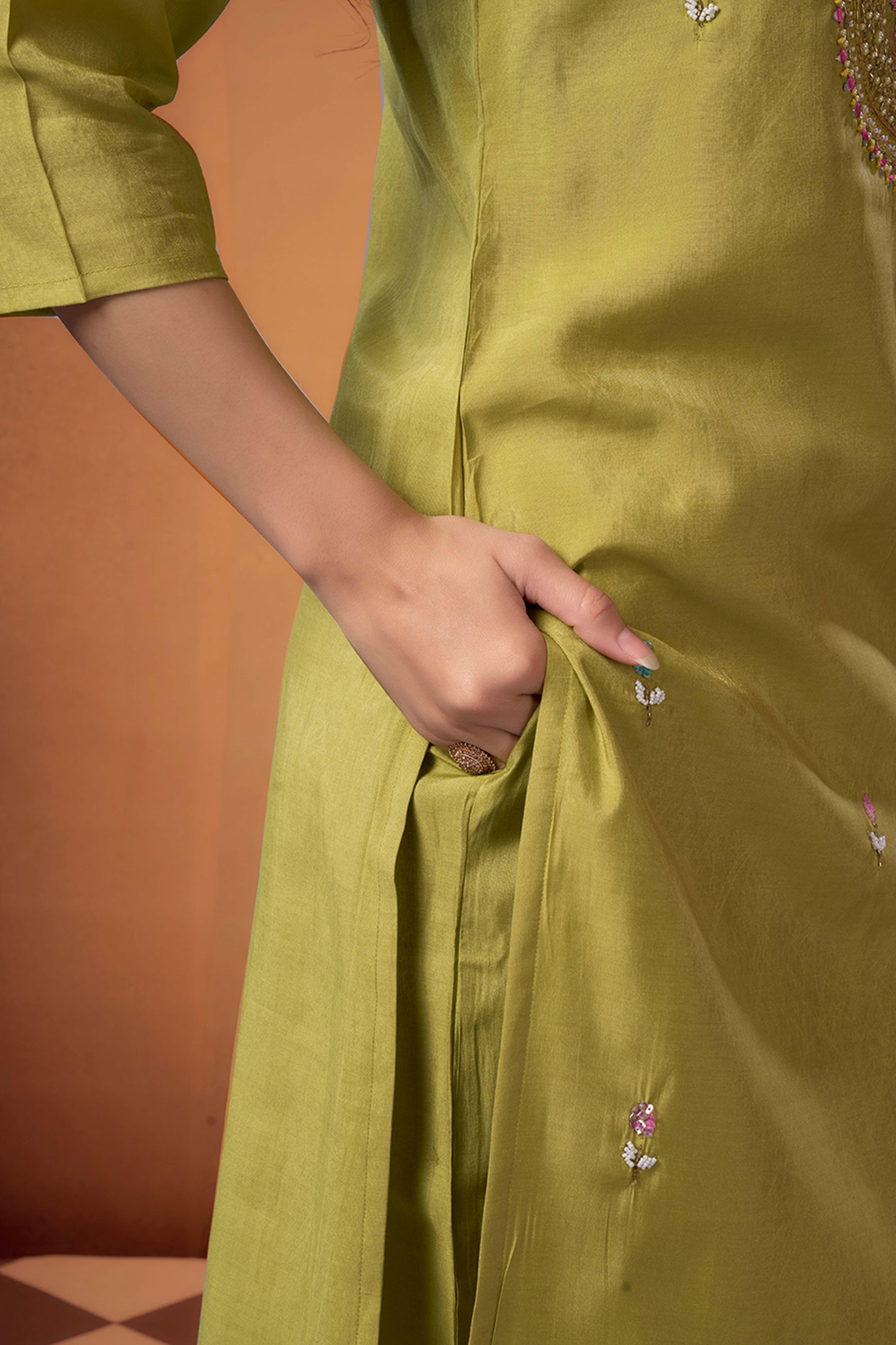 Lime Green Beads Work Embroidered Shimmer Straight Salwar Suit