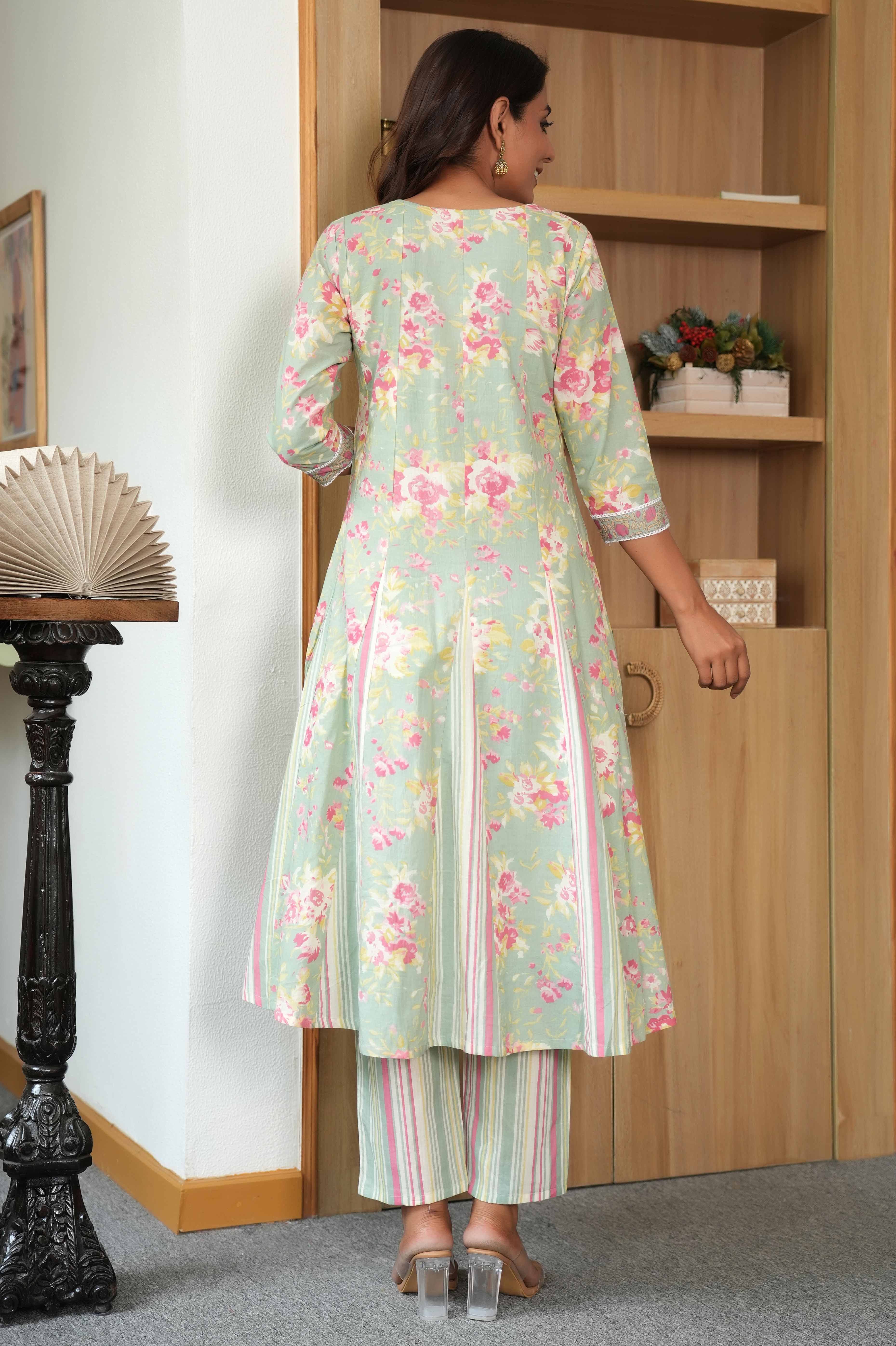 Floral Printed Pista Green Pure Cotton A-Line Salwar Suit with Intricate Handwork