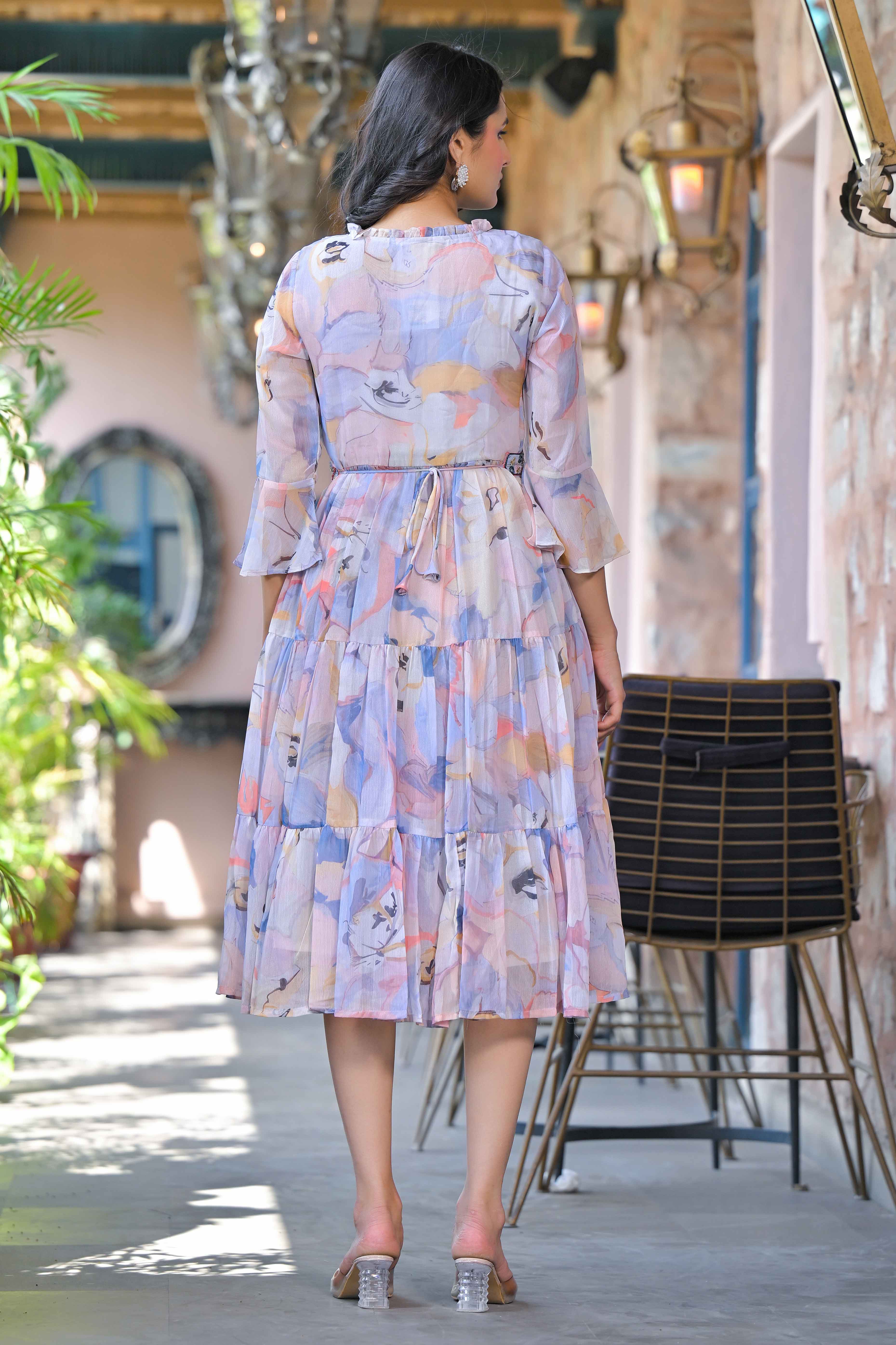 Multicolor Floral Printed Chiffon Maxi Dress With Waist Belt