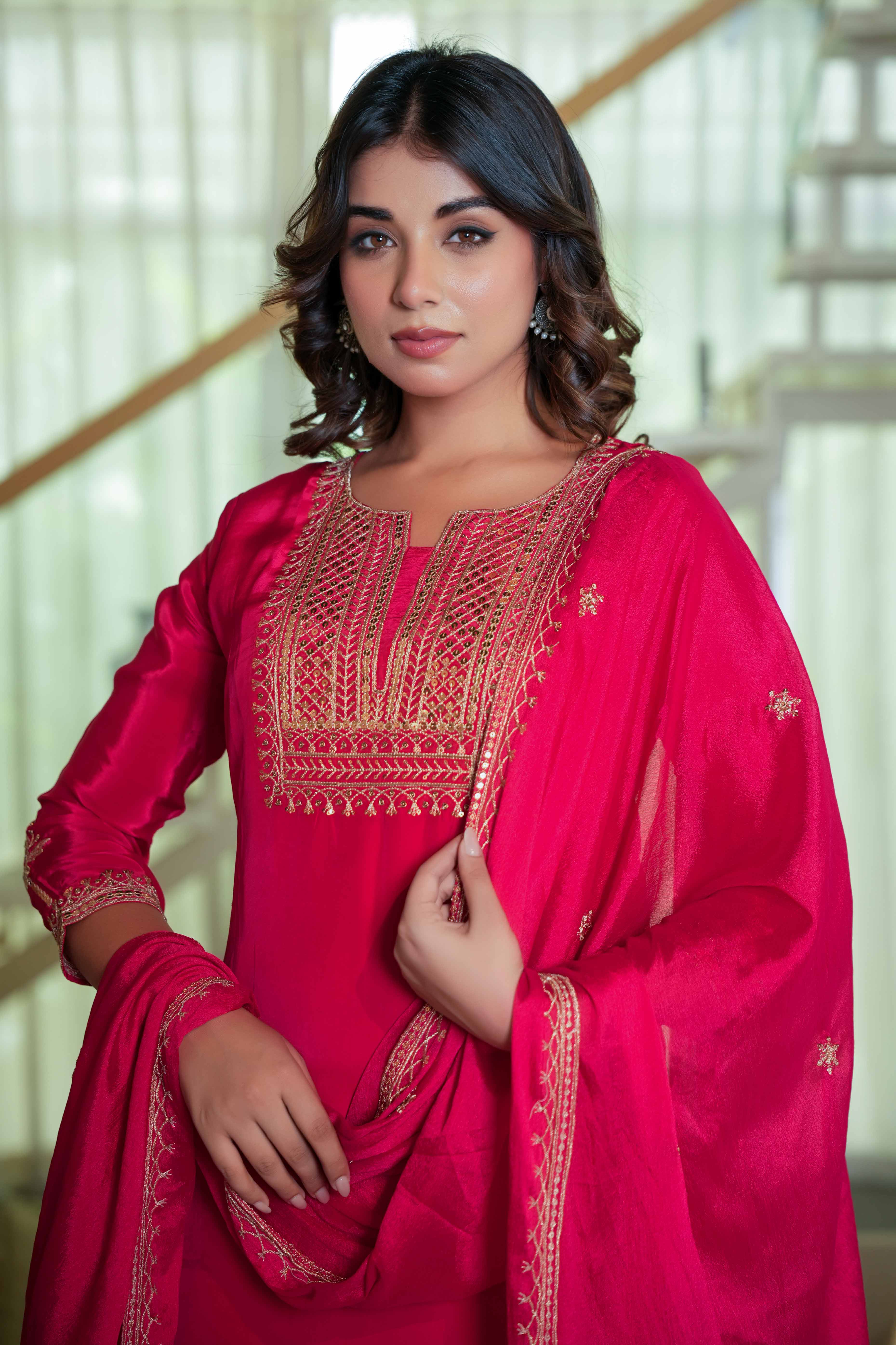 Glamorous Red Crepe Straight Suit with Intricate Sequin Embroidery