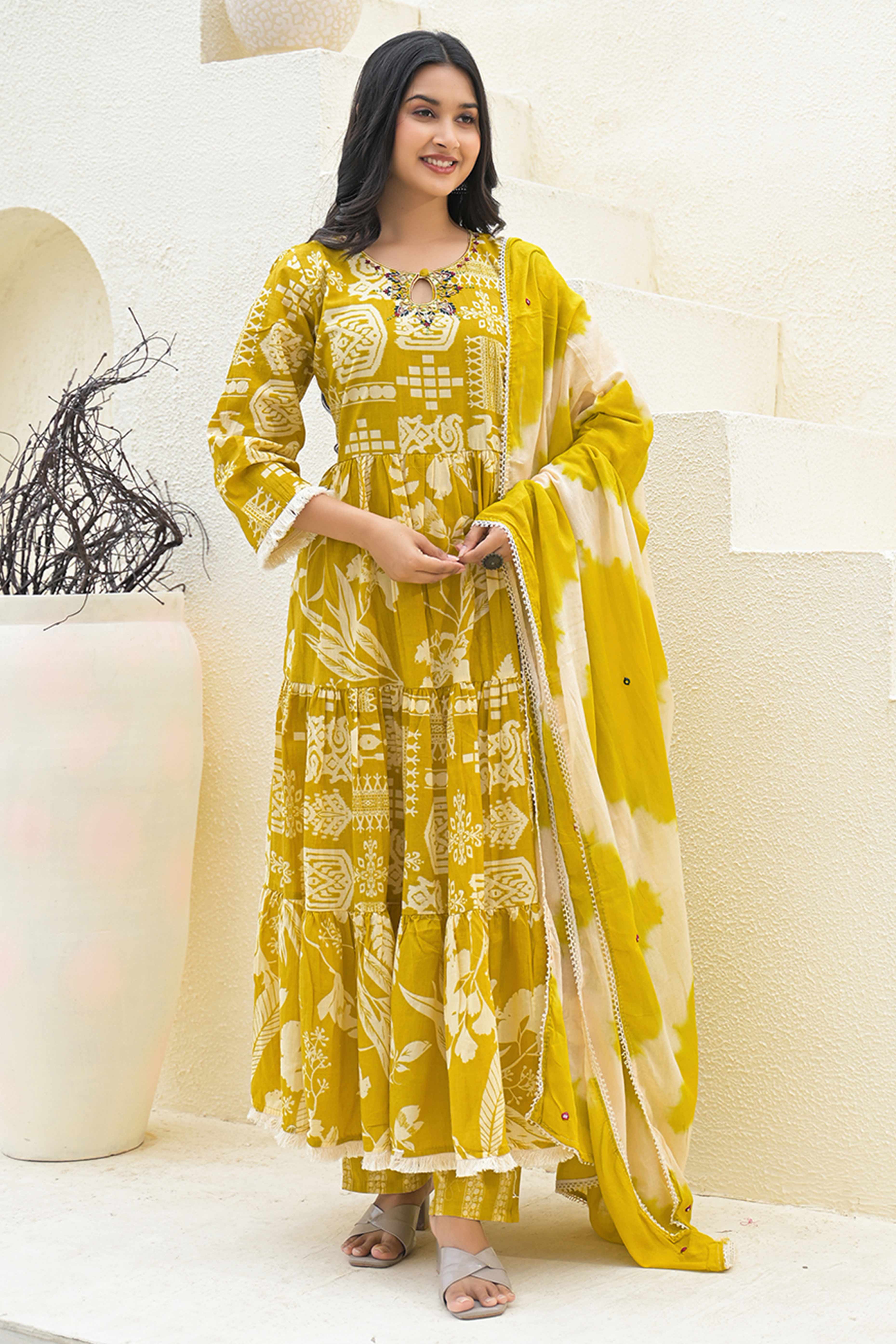 Traditional Printed Mustard Anarkali Salwar Suit with Delicate Embroidery in Cotton Fabric