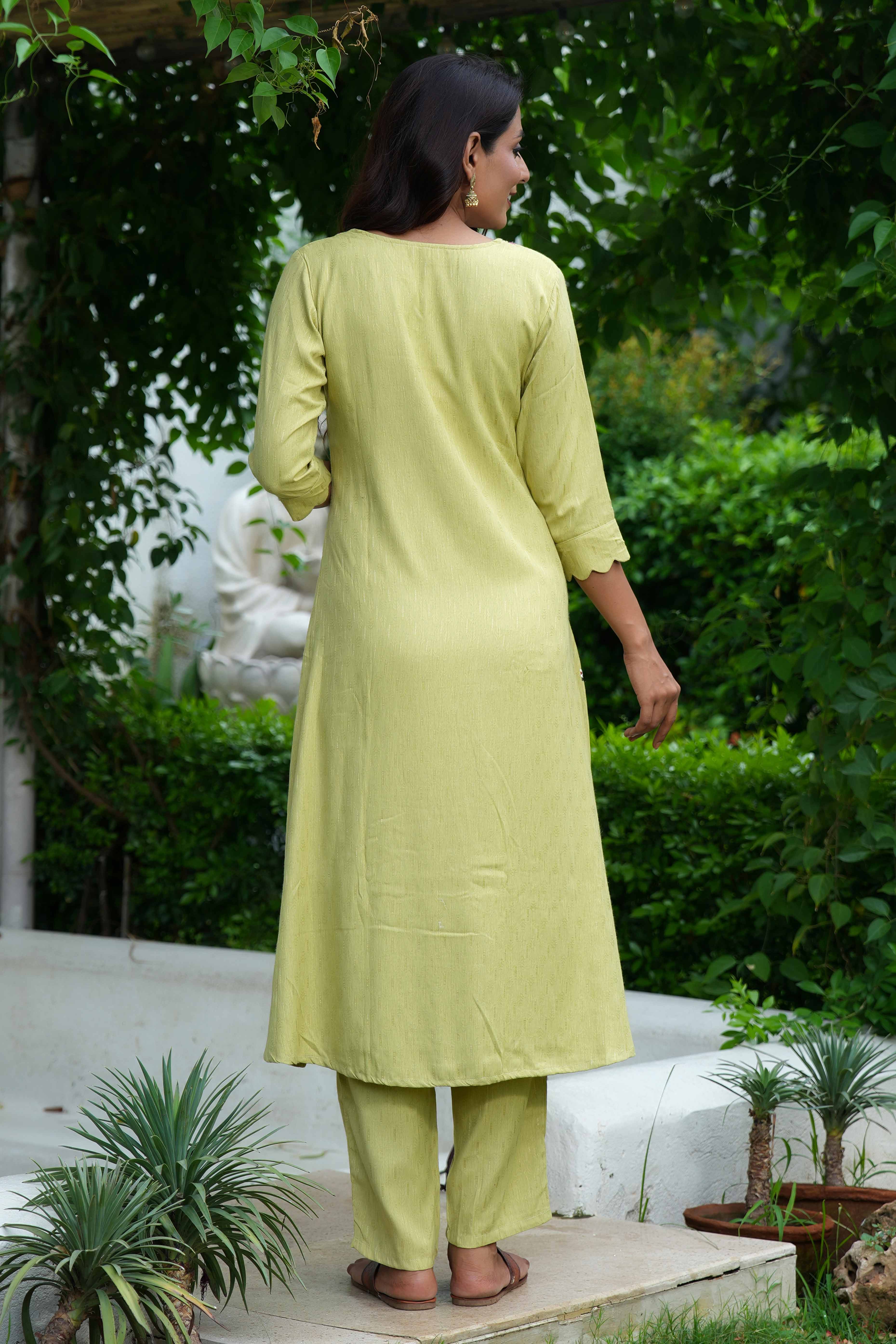 Light Green A-Line Top and Bottom Set in Dobby Rayon with Intricate Floral Embroidery