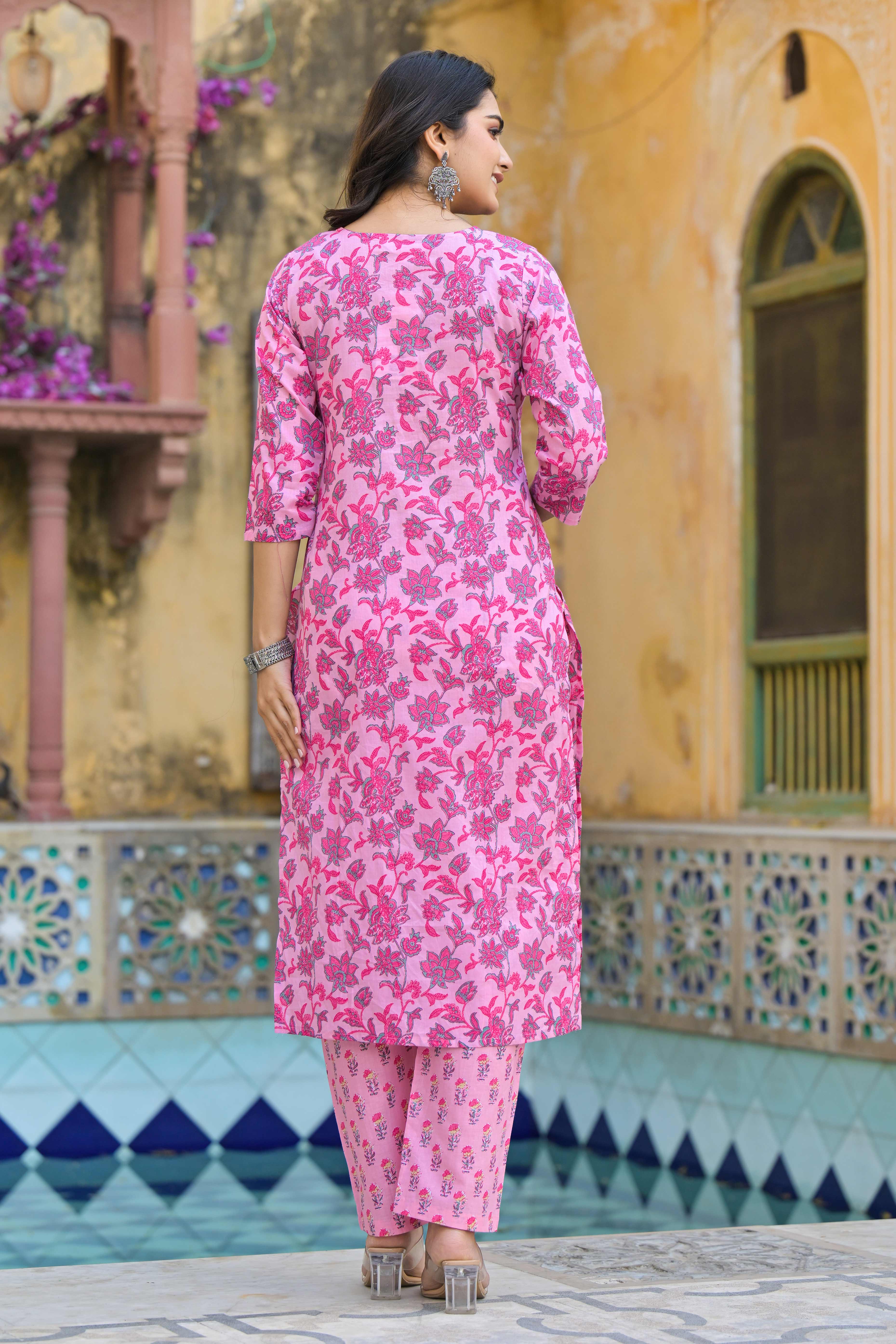 Blush Pink Floral Printed Pure Cotton Straight Salwar Suit