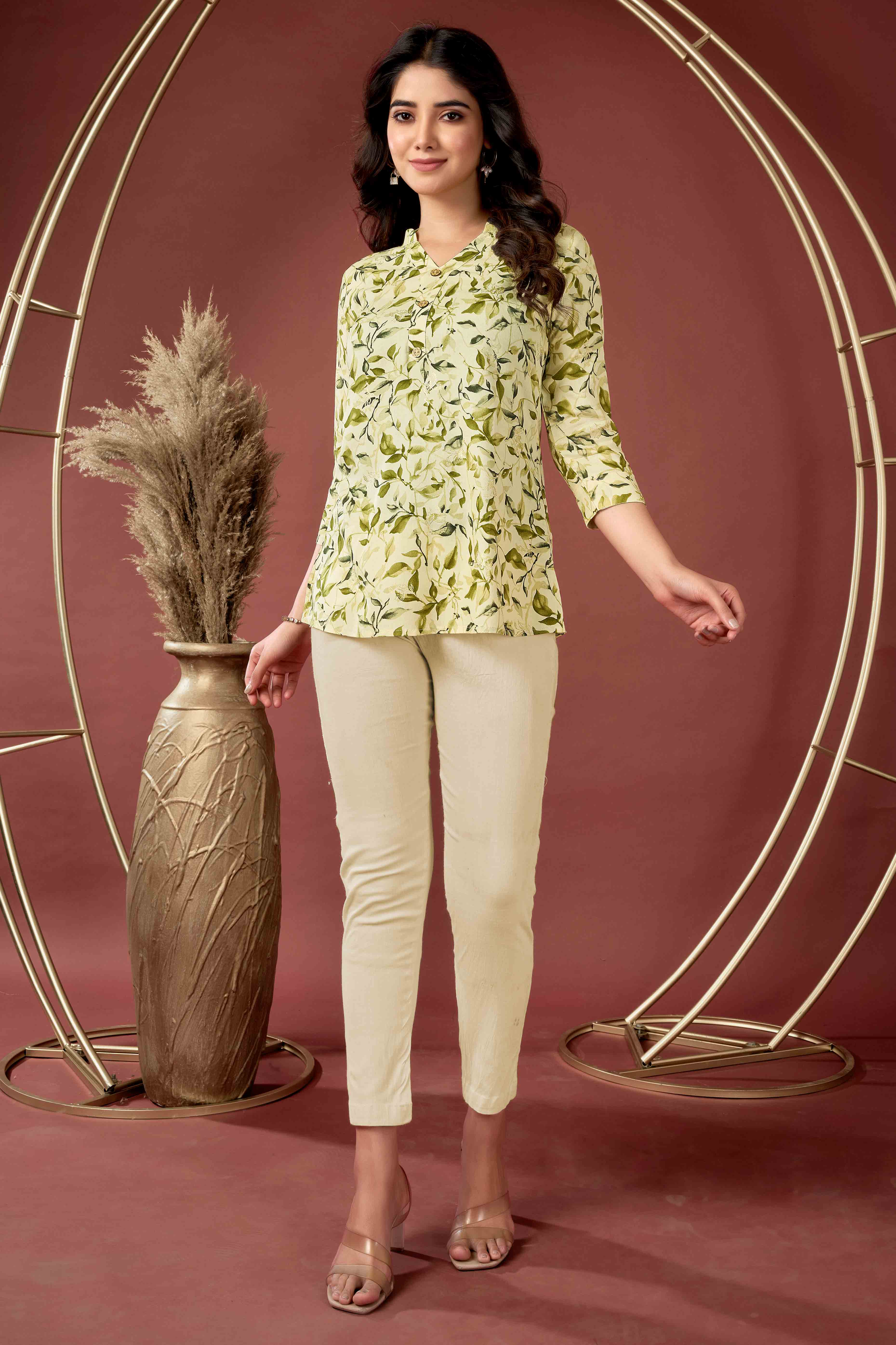 Cream & Olive Floral Printed Rayon Top