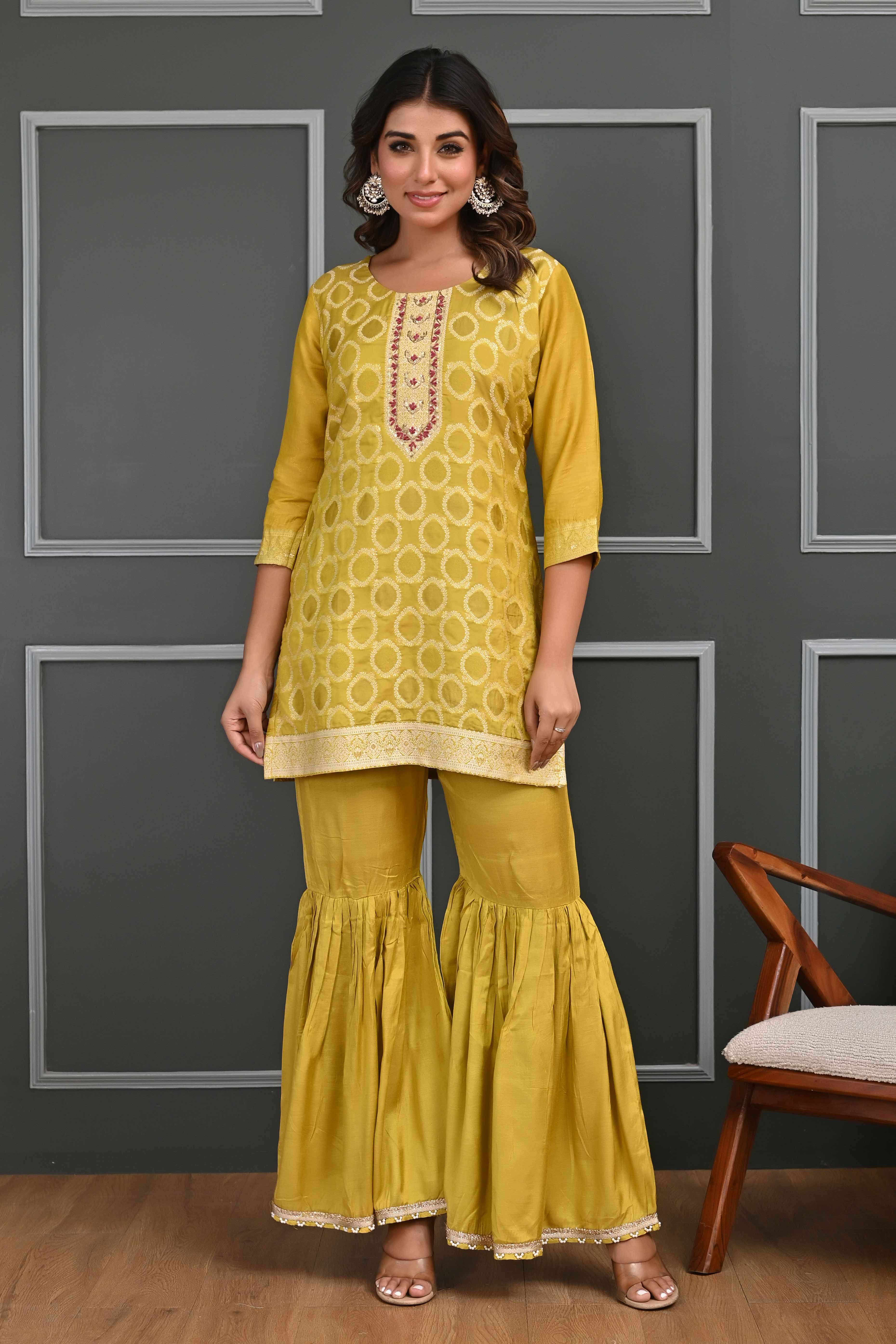 Vibrant Mustard Zari Weaving Cotton Silk Sharara Suit Ensemble