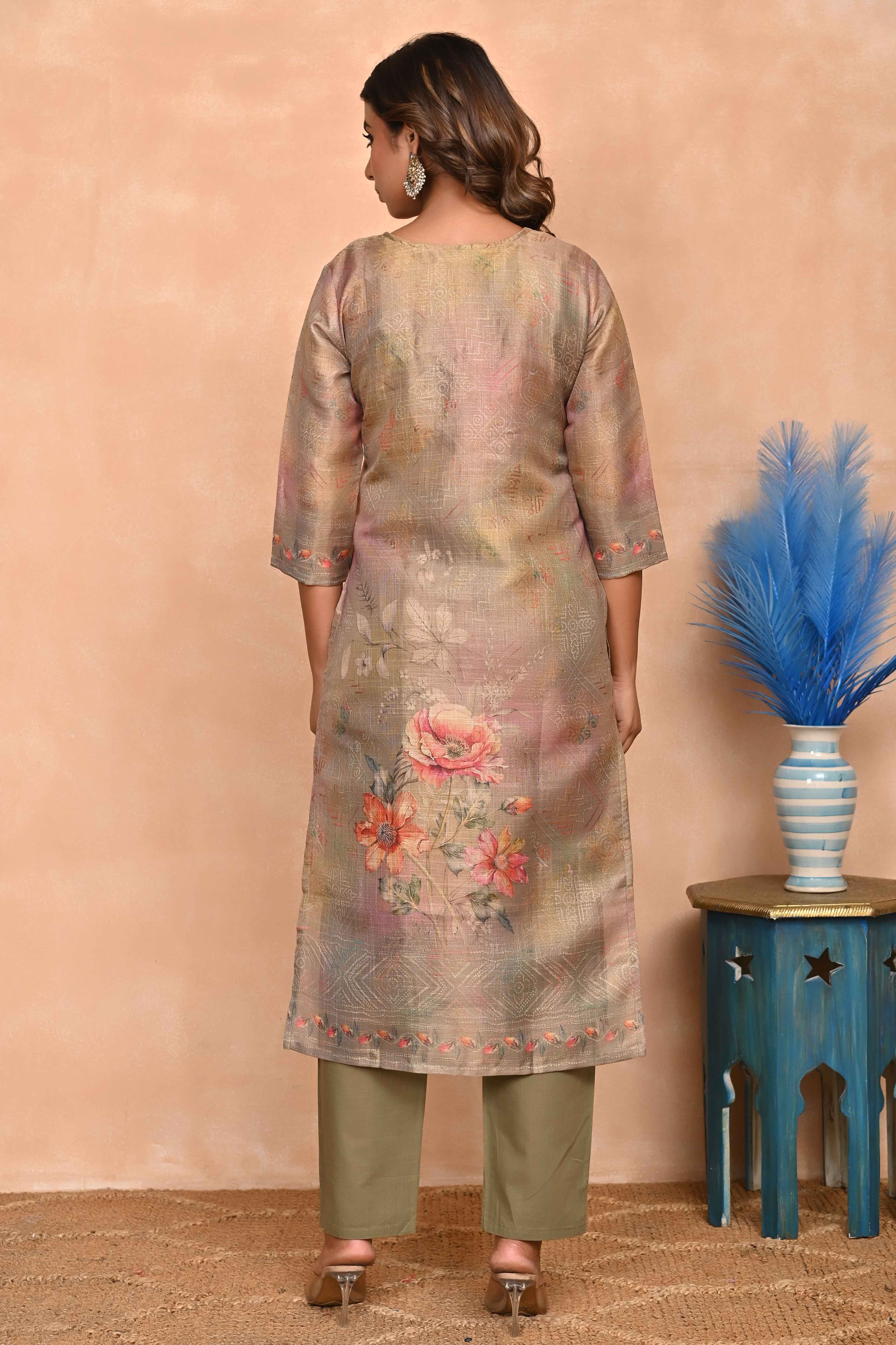 Stylish Olive Straight Cut Suit with Elegant Embroidery on Shimmer Linen