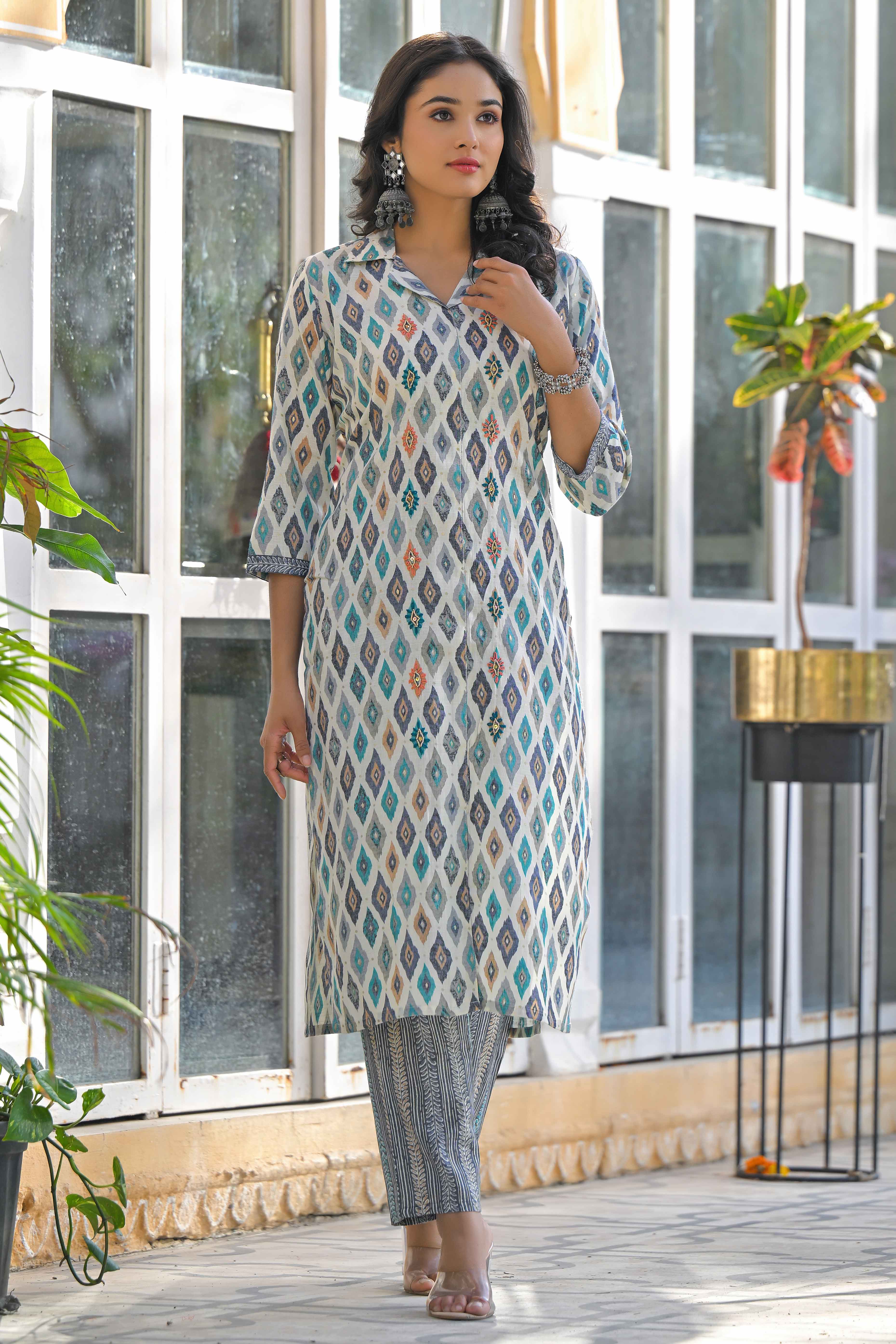 Off White & Blue Geometric Printed Rayon Straight Salwar Suit