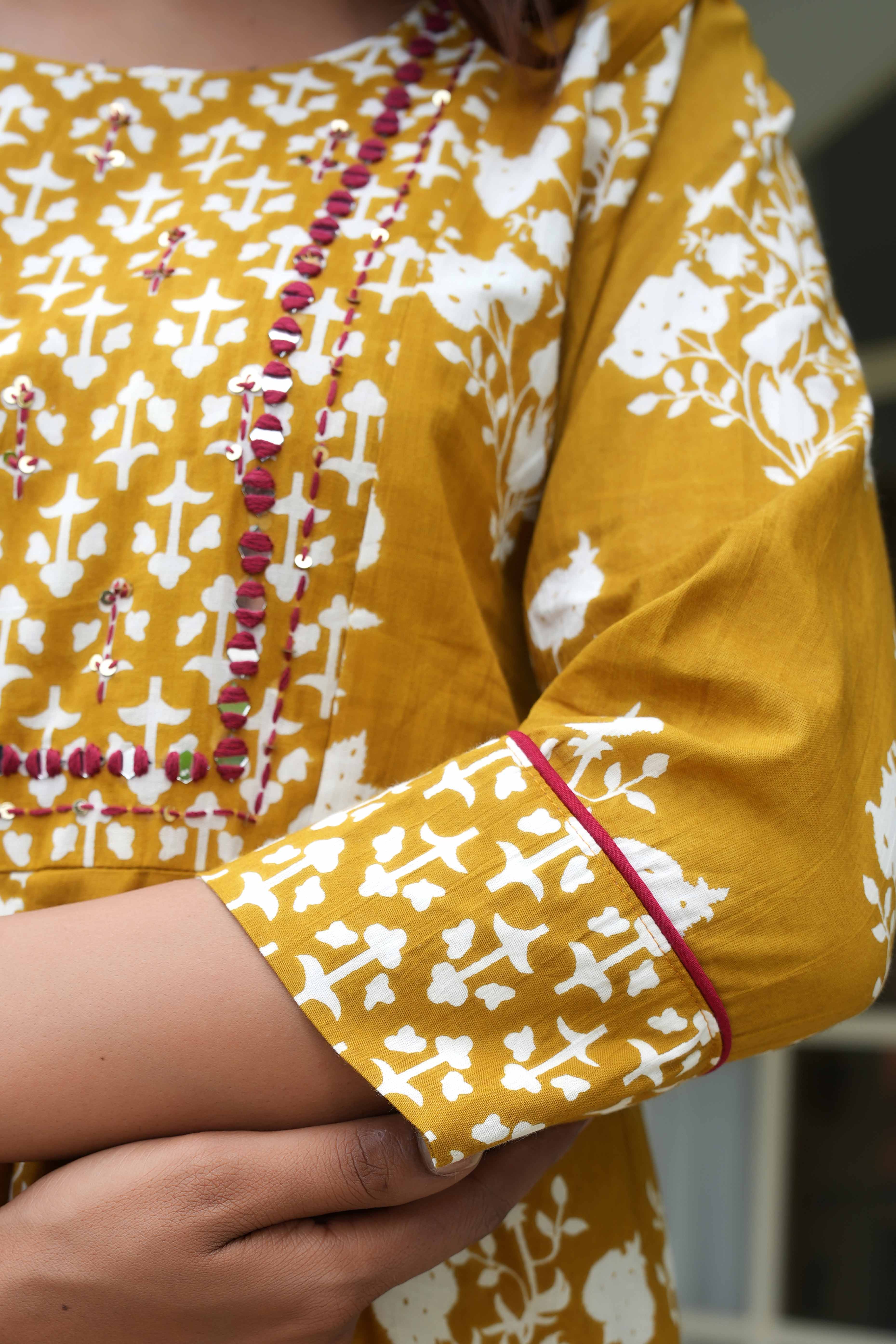 Radiant Mustard A Line Suit Adorned with Mirror & Sequin Embroidery Elegance