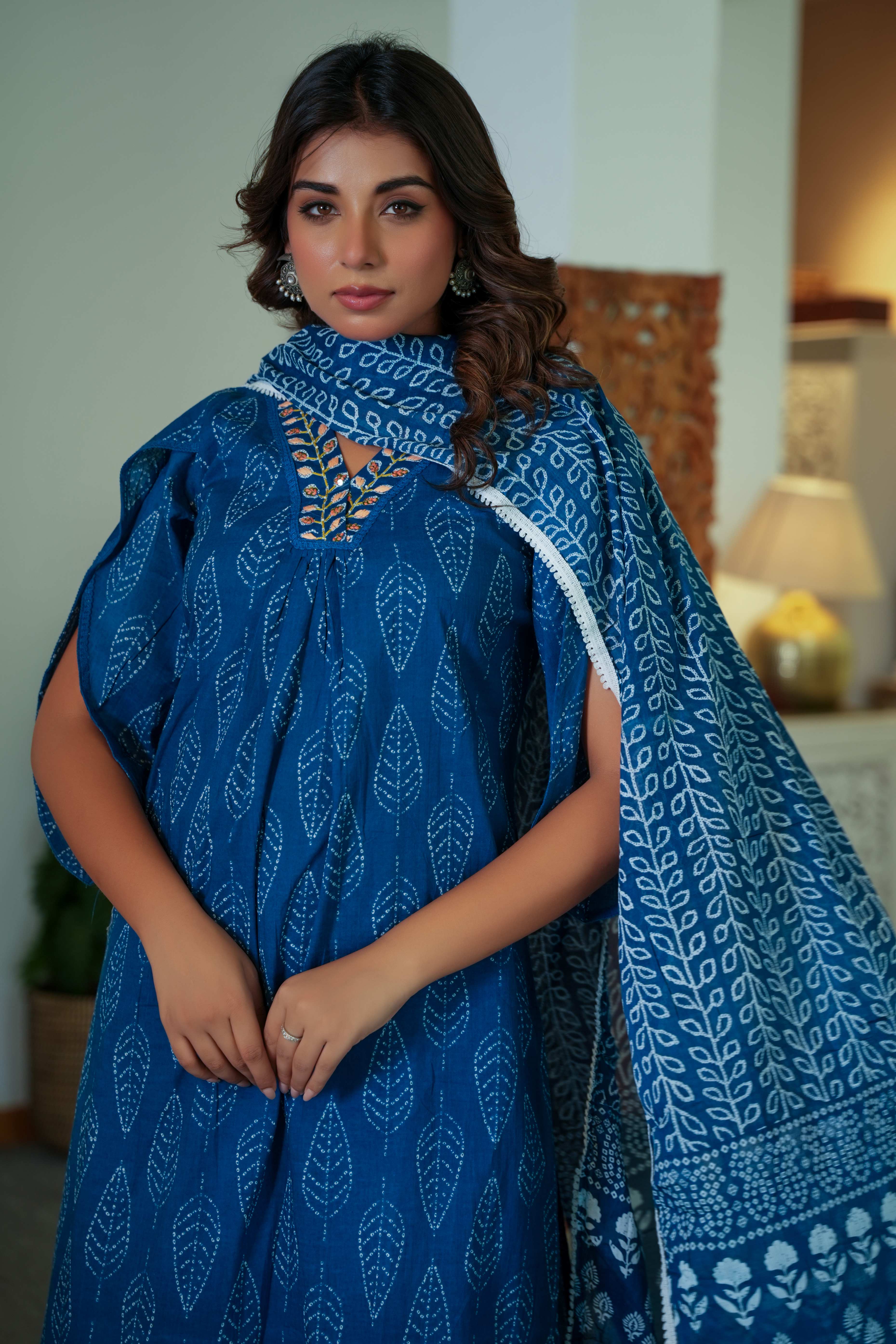 Leaf Motif Printed Pure Cotton Straight Suit in Classic Navy Blue Hue