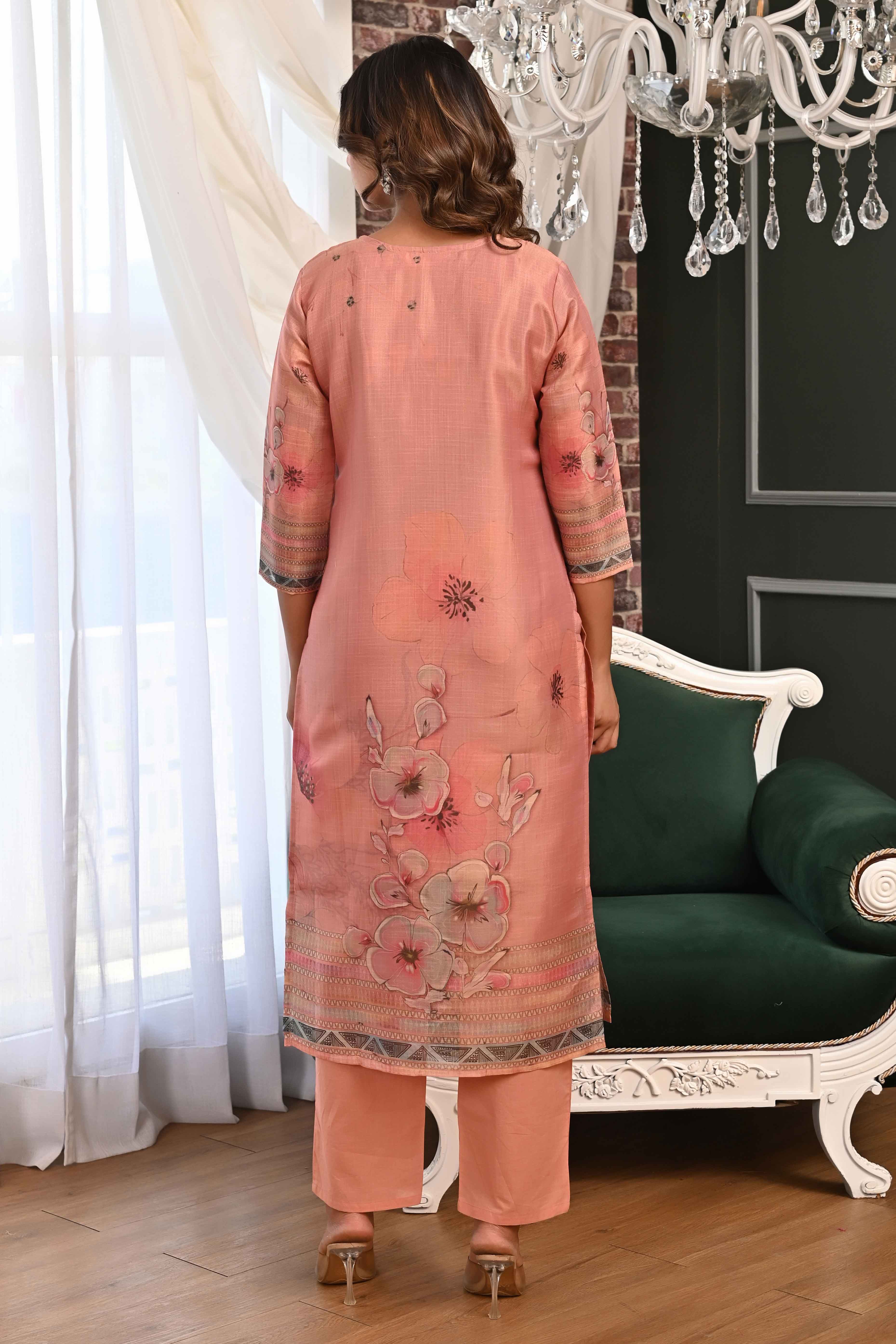 Elegant Dark Peach Linen Jacquard Salwar Suit with Floral Prints & Shimmer
