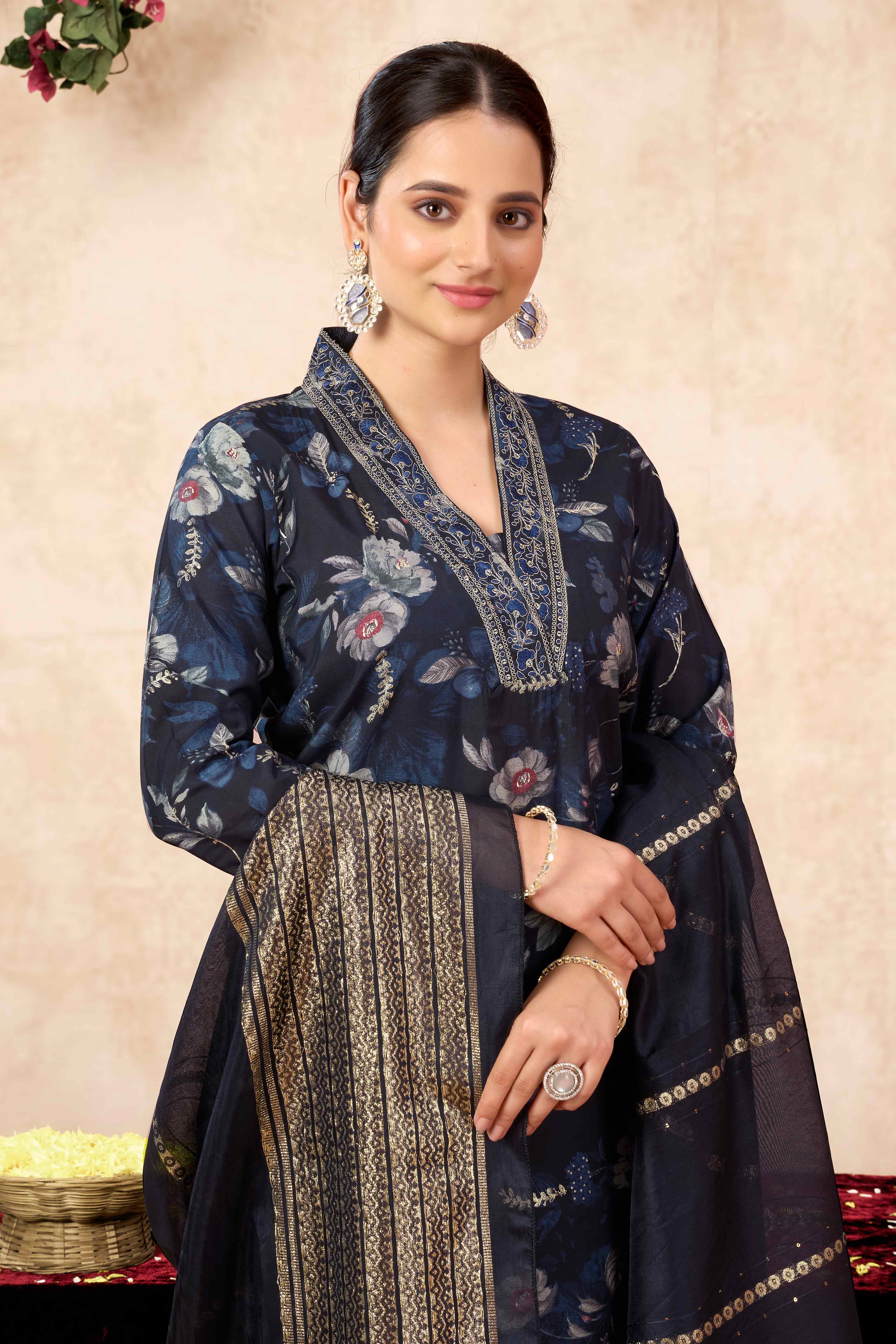 Black Floral Printed Cotton Silk Straight Salwar Suit
